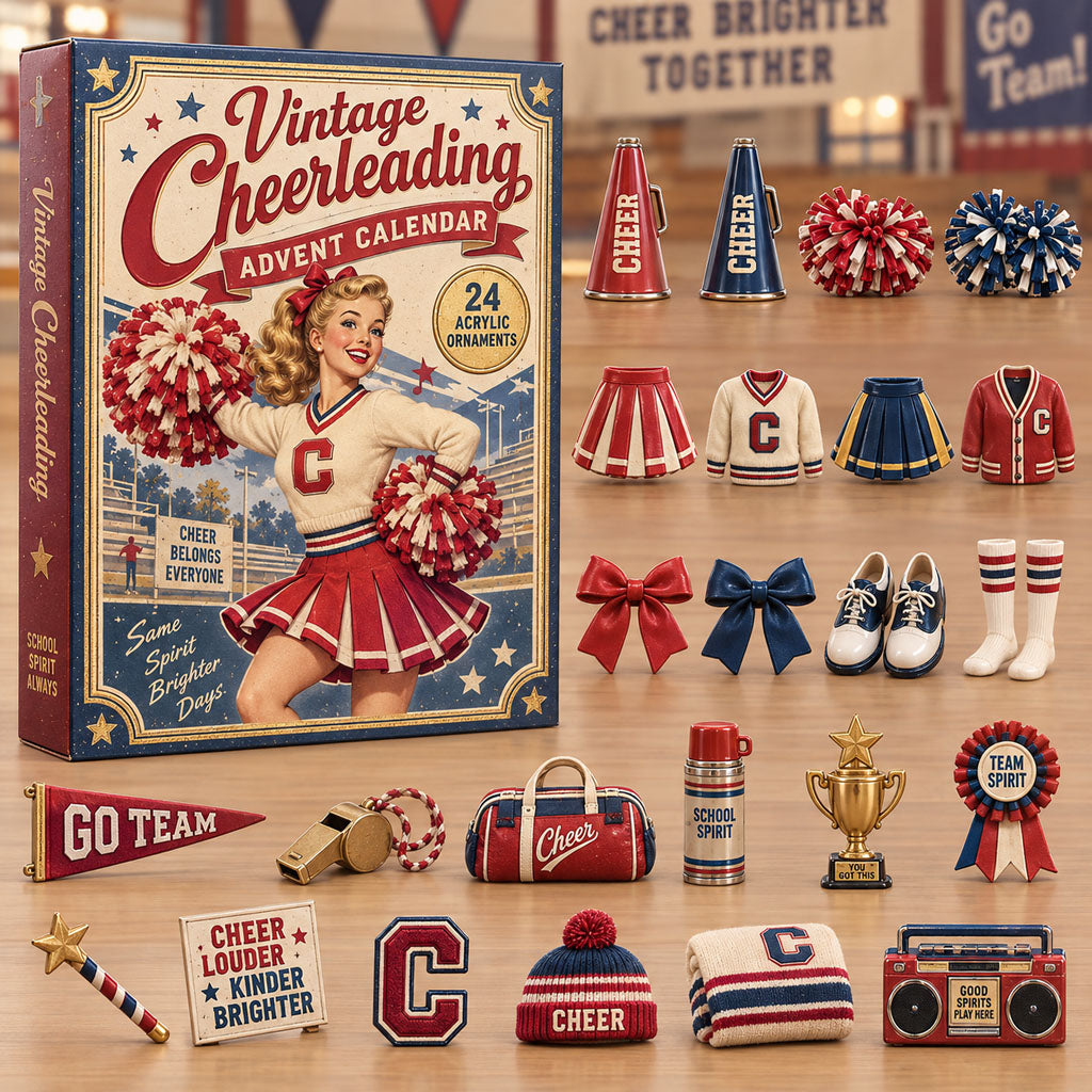 Vintage Cheerleading advent calendar box with 24 acrylic Christmas charms