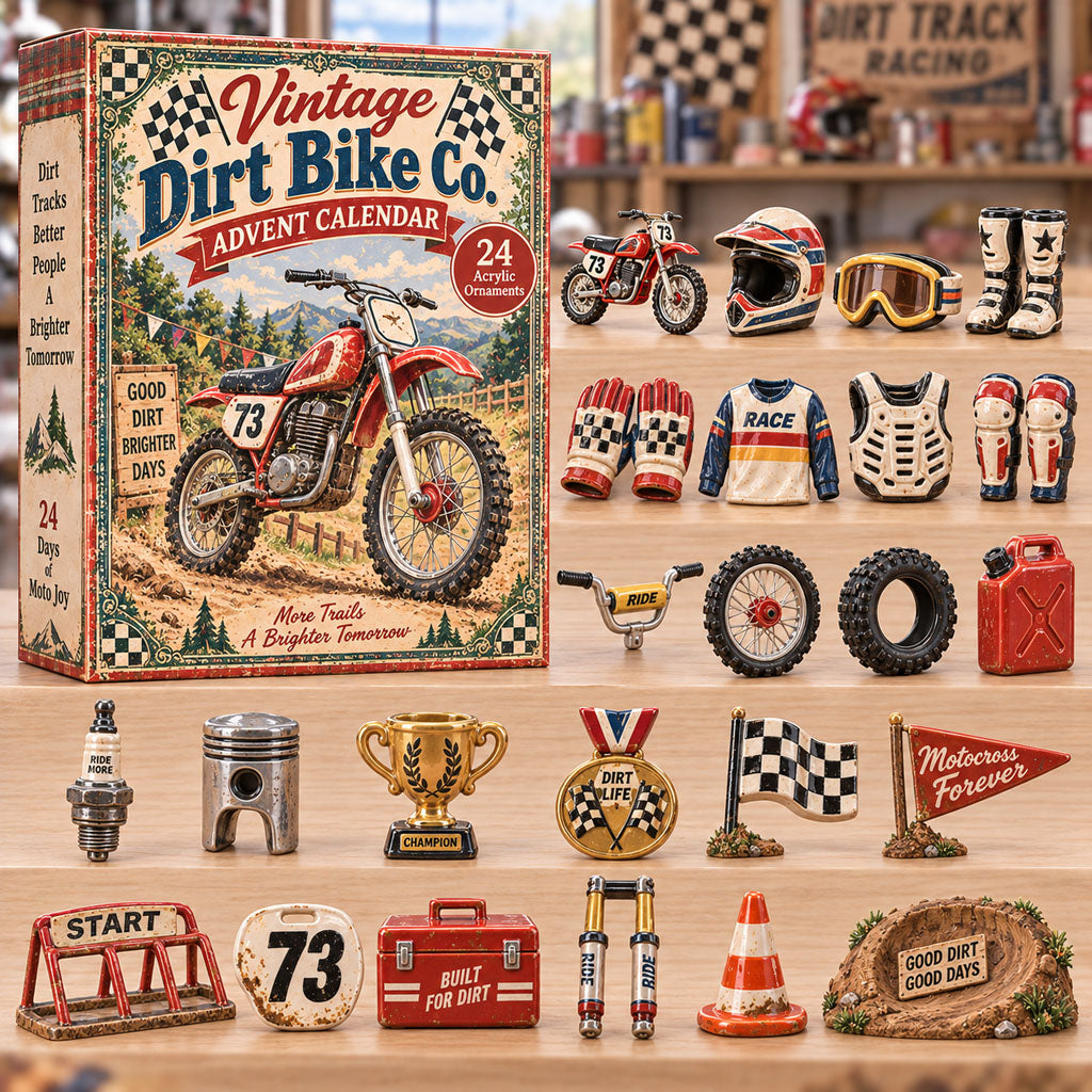 Vintage Dirt Bike Co advent calendar box with 24 acrylic Christmas charms