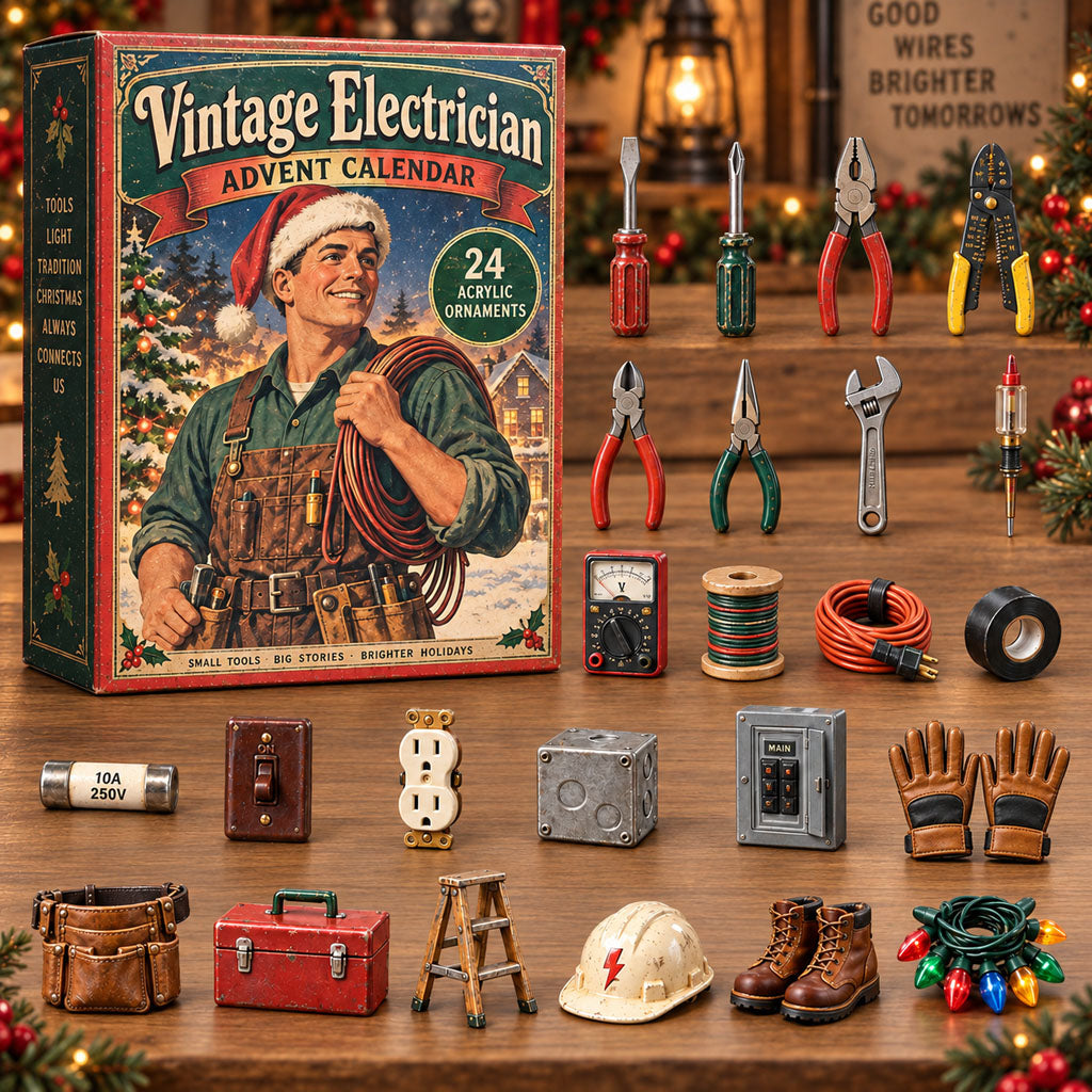 Vintage Electrician advent calendar box with 24 acrylic Christmas charms