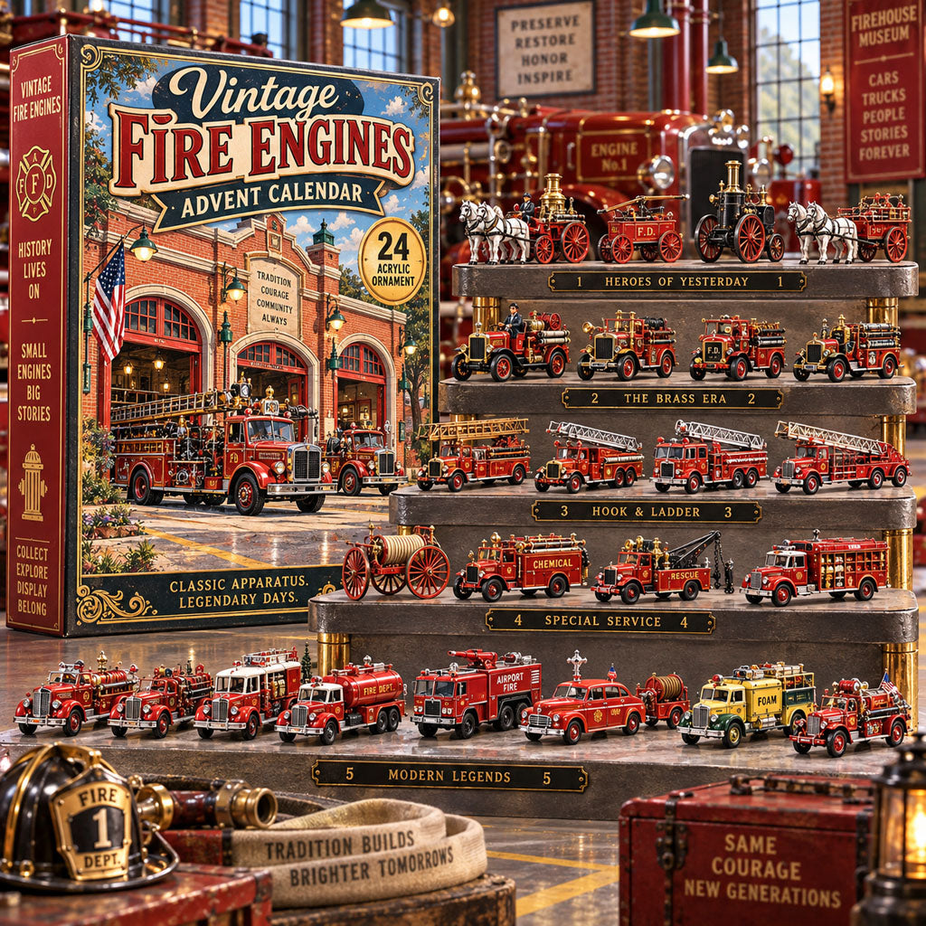 Vintage Fire Engines advent calendar box with 24 acrylic Christmas charms