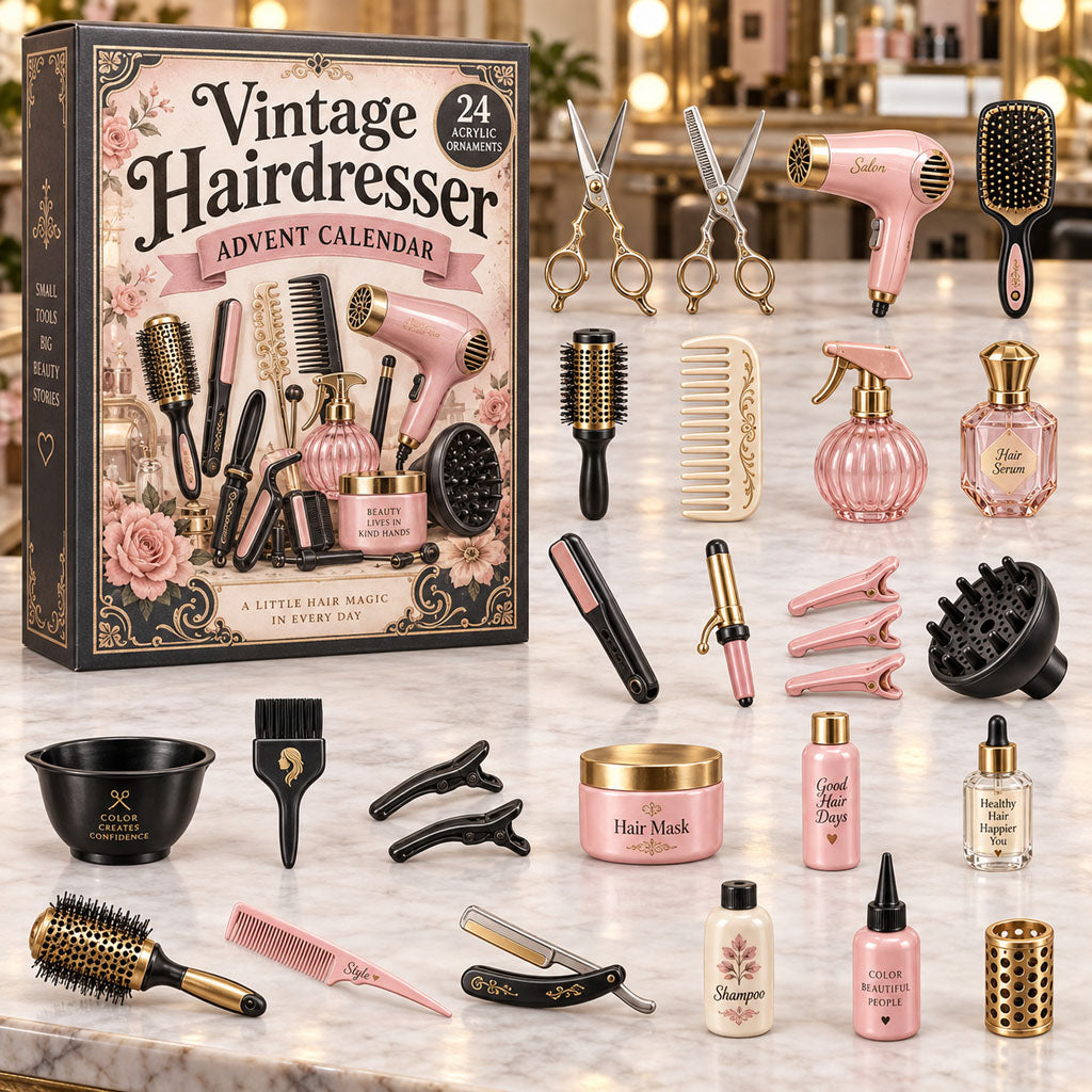 Vintage Hairdresser advent calendar box with 24 acrylic Christmas charms