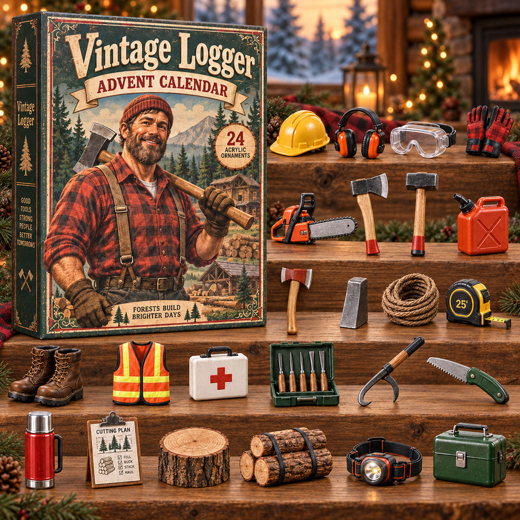 Vintage Logger advent calendar box with 24 acrylic Christmas charms