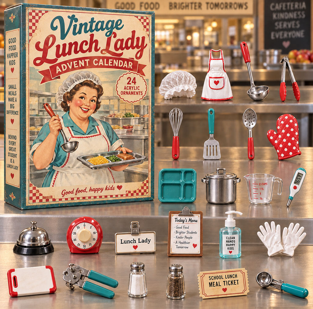 Vintage Lunch Lady advent calendar box with 24 acrylic Christmas charms