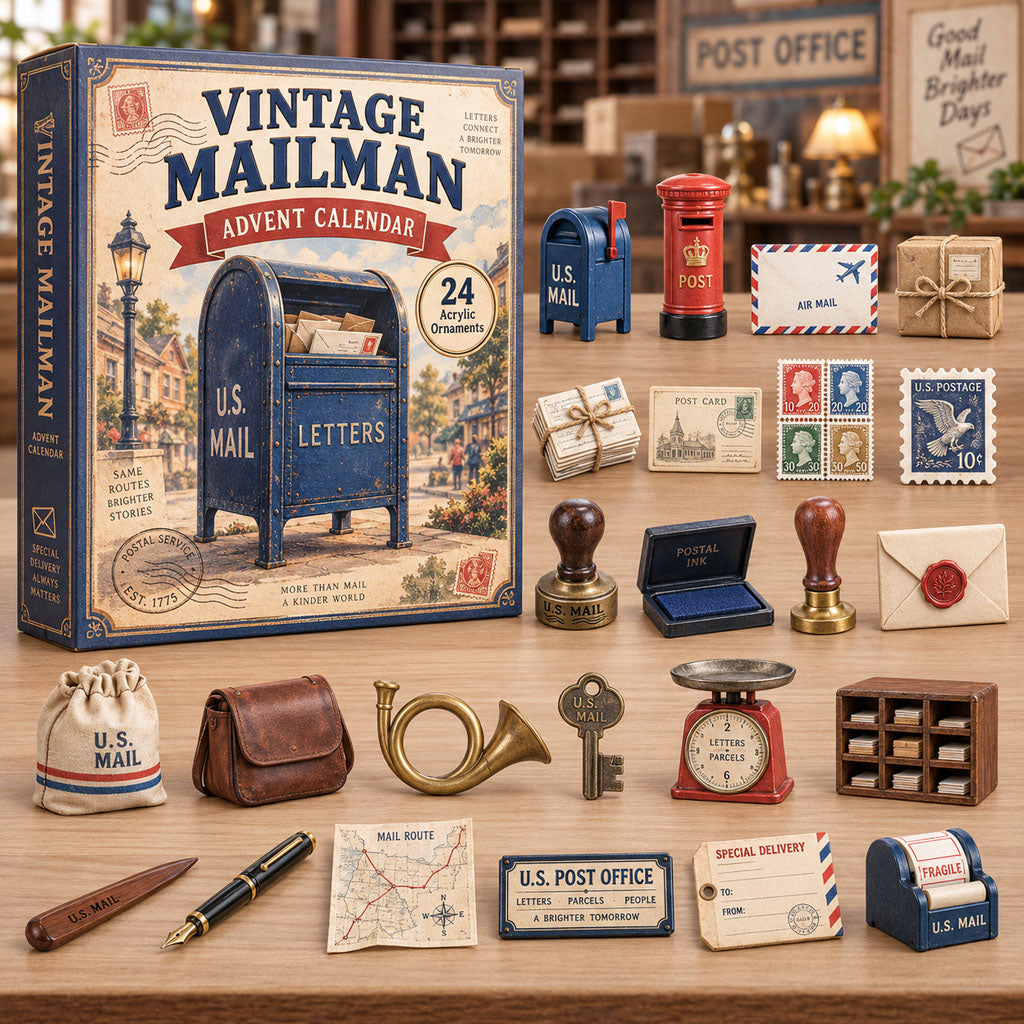 Vintage Mailman advent calendar box with 24 acrylic Christmas charms