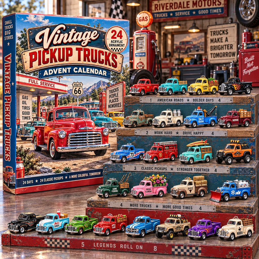 Vintage Pickup Trucks advent calendar box with 24 acrylic Christmas charms