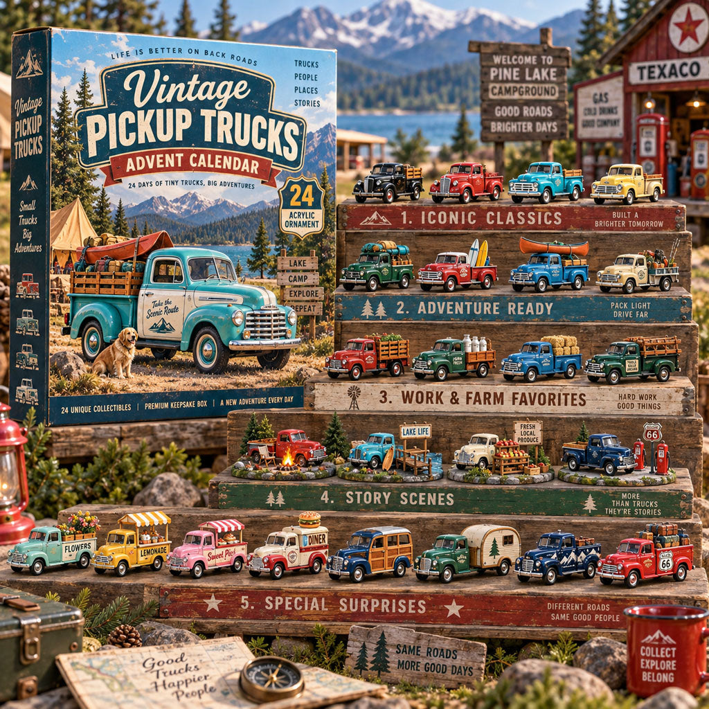 Vintage Pickup Trucks advent calendar box with 24 acrylic Christmas charms