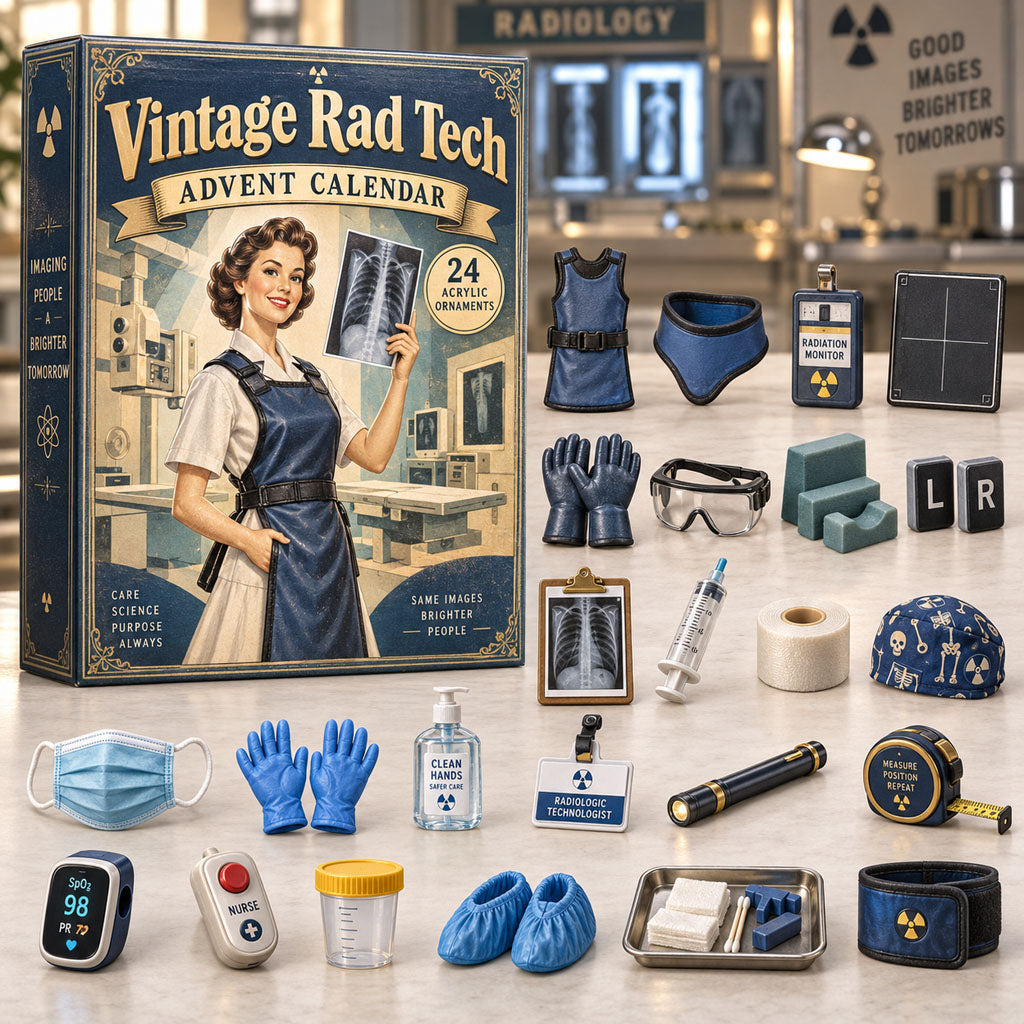 Vintage Rad Tech advent calendar box with 24 acrylic Christmas charms