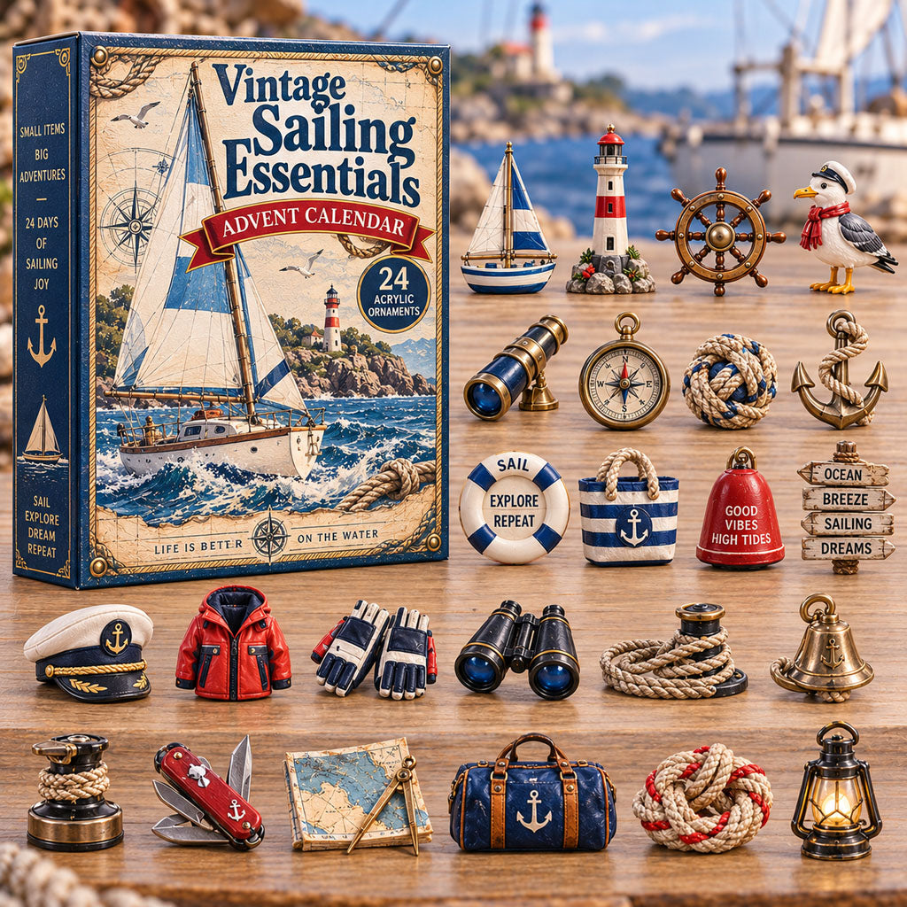 Vintage Sailing Essentials advent calendar box with 24 acrylic Christmas charms