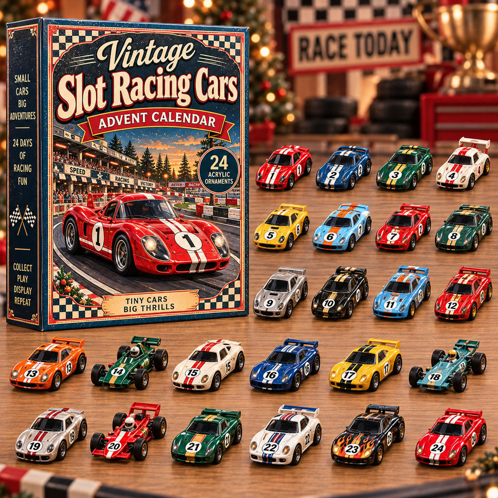 Vintage Slot Racing Cars advent calendar box with 24 acrylic Christmas charms
