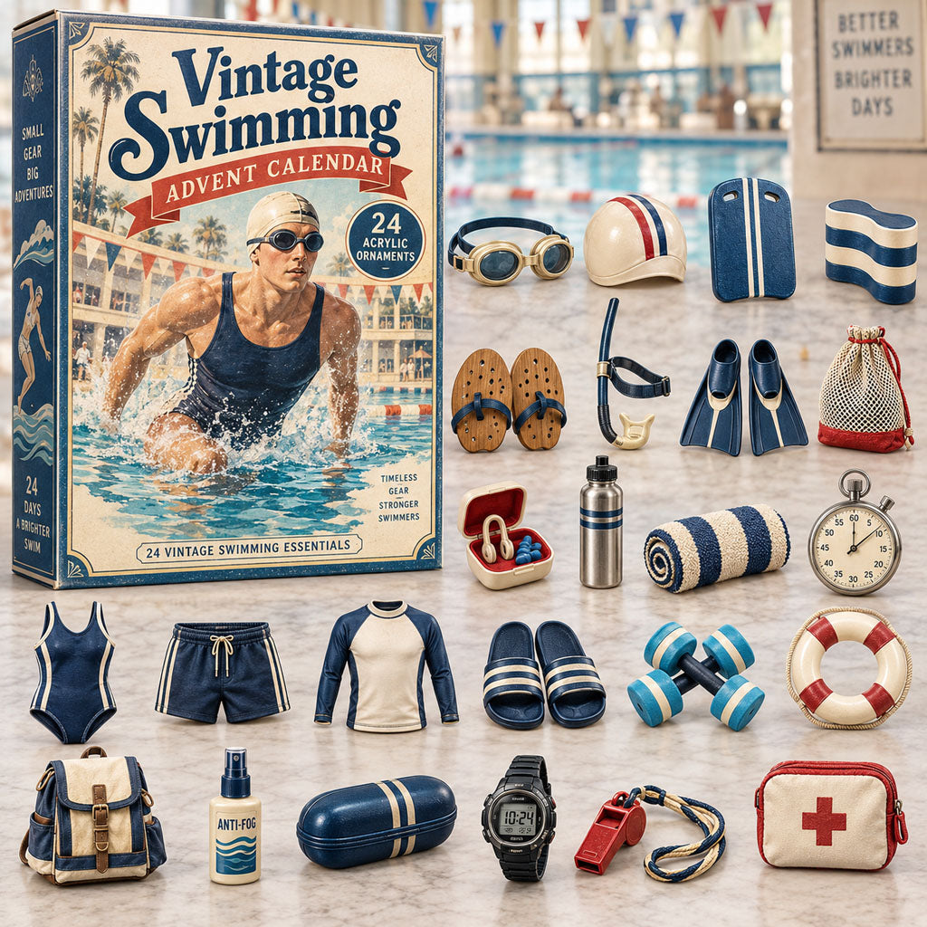 Vintage Swimming advent calendar box with 24 acrylic Christmas charms