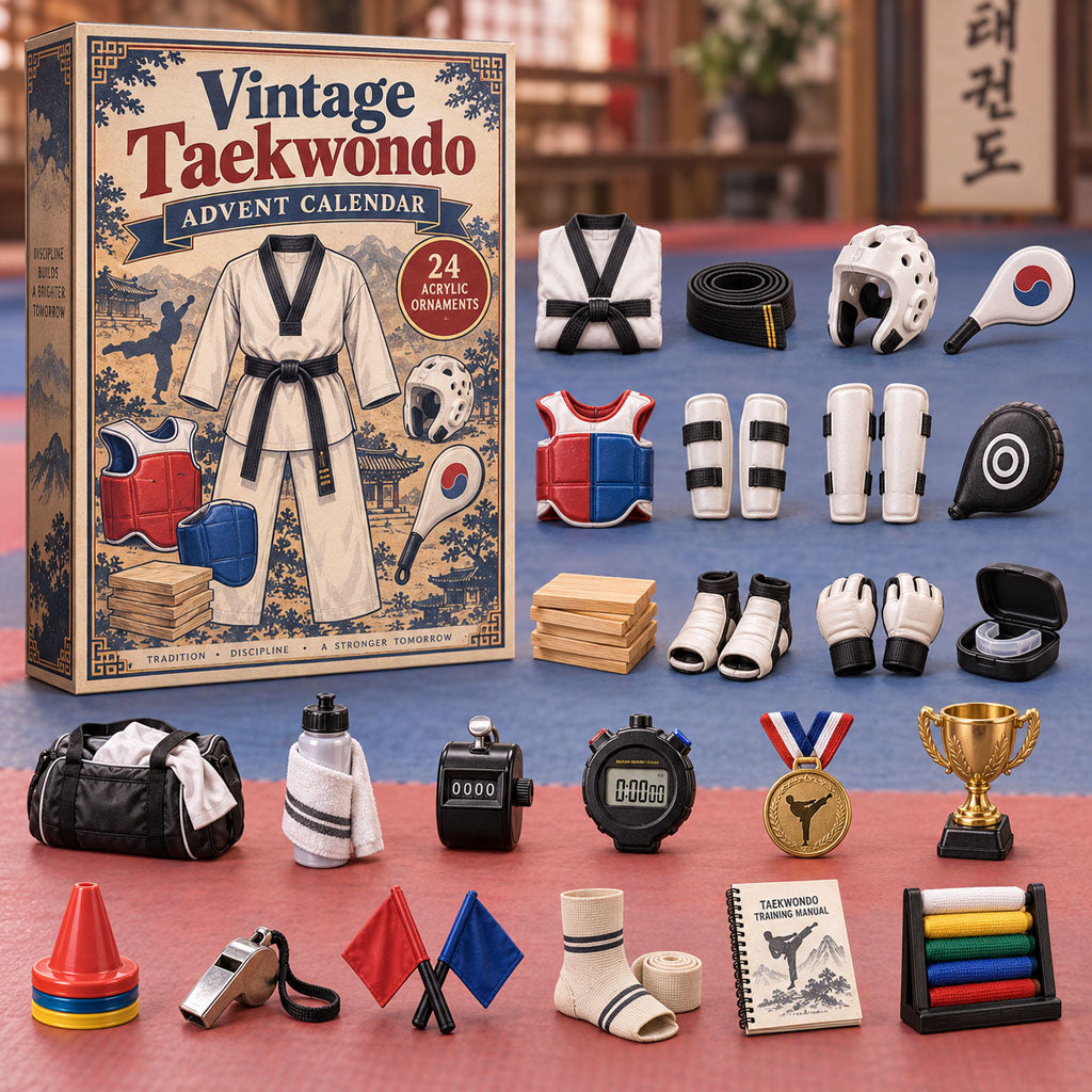 Vintage Taekwondo advent calendar box with 24 acrylic Christmas charms