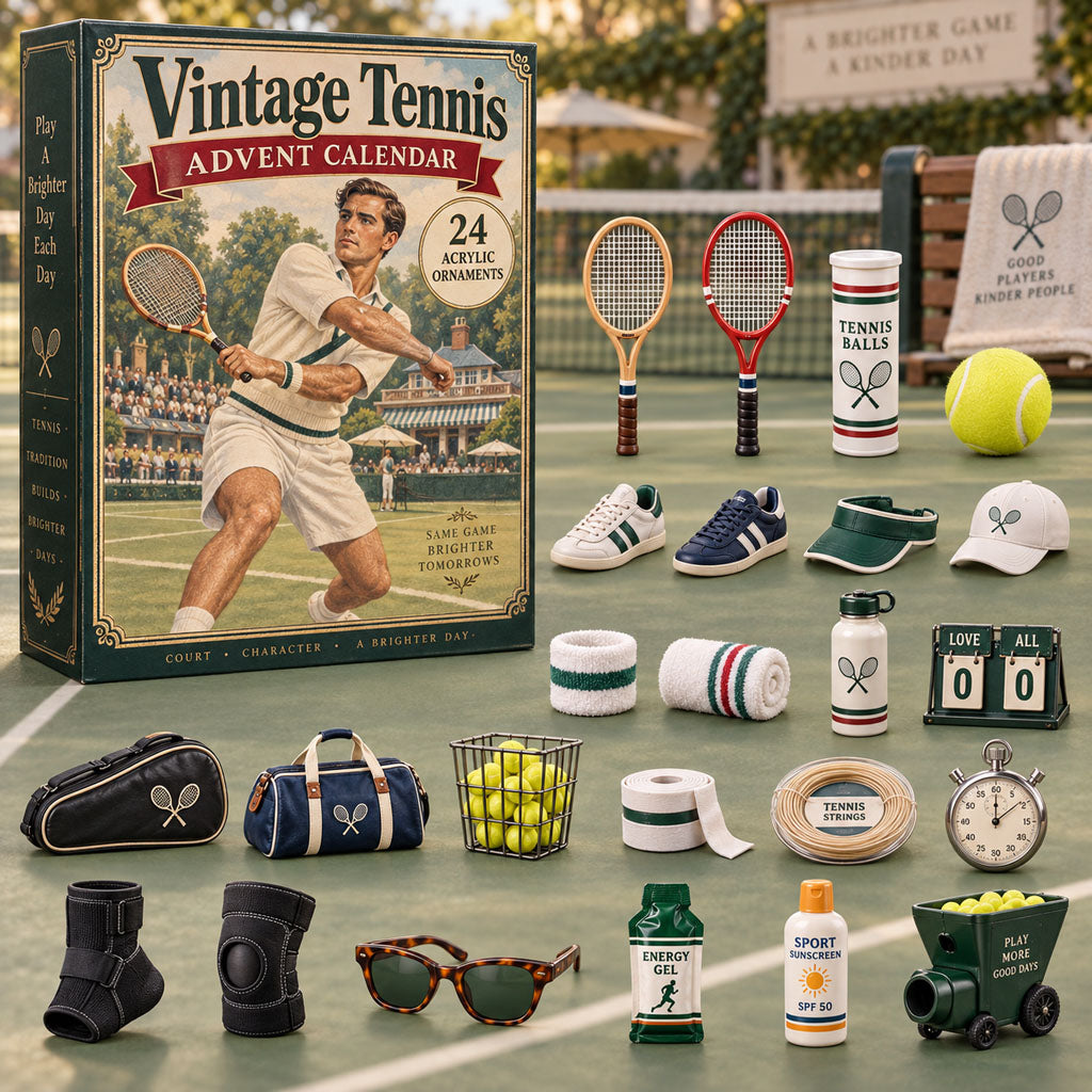 Vintage Tennis advent calendar box with 24 acrylic Christmas charms