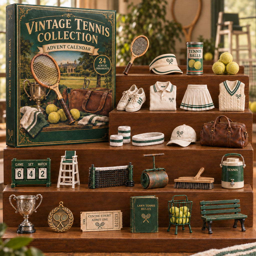 Vintage Tennis Collection advent calendar box with 24 acrylic Christmas charms