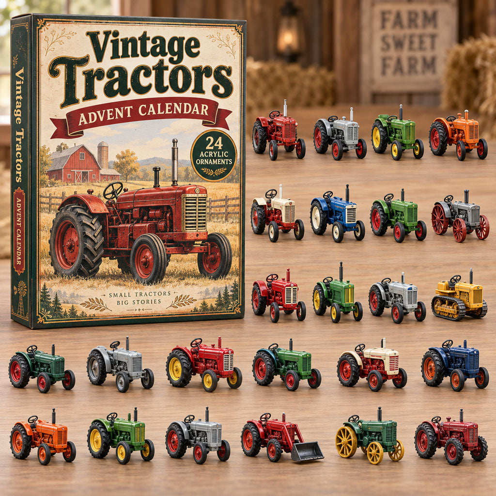 Vintage Tractors advent calendar box with 24 acrylic Christmas charms