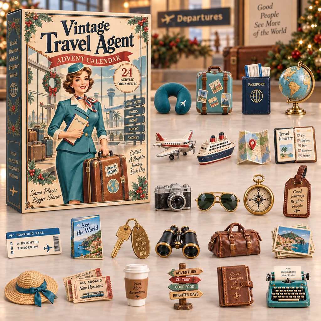 Vintage Travel Agent advent calendar box with 24 acrylic Christmas charms