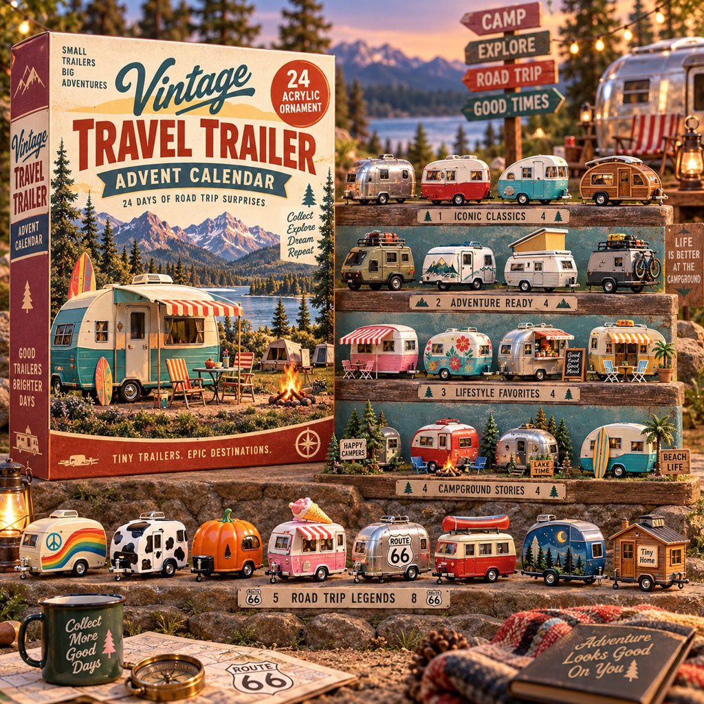 Vintage Travel Trailer advent calendar box with 24 acrylic Christmas charms