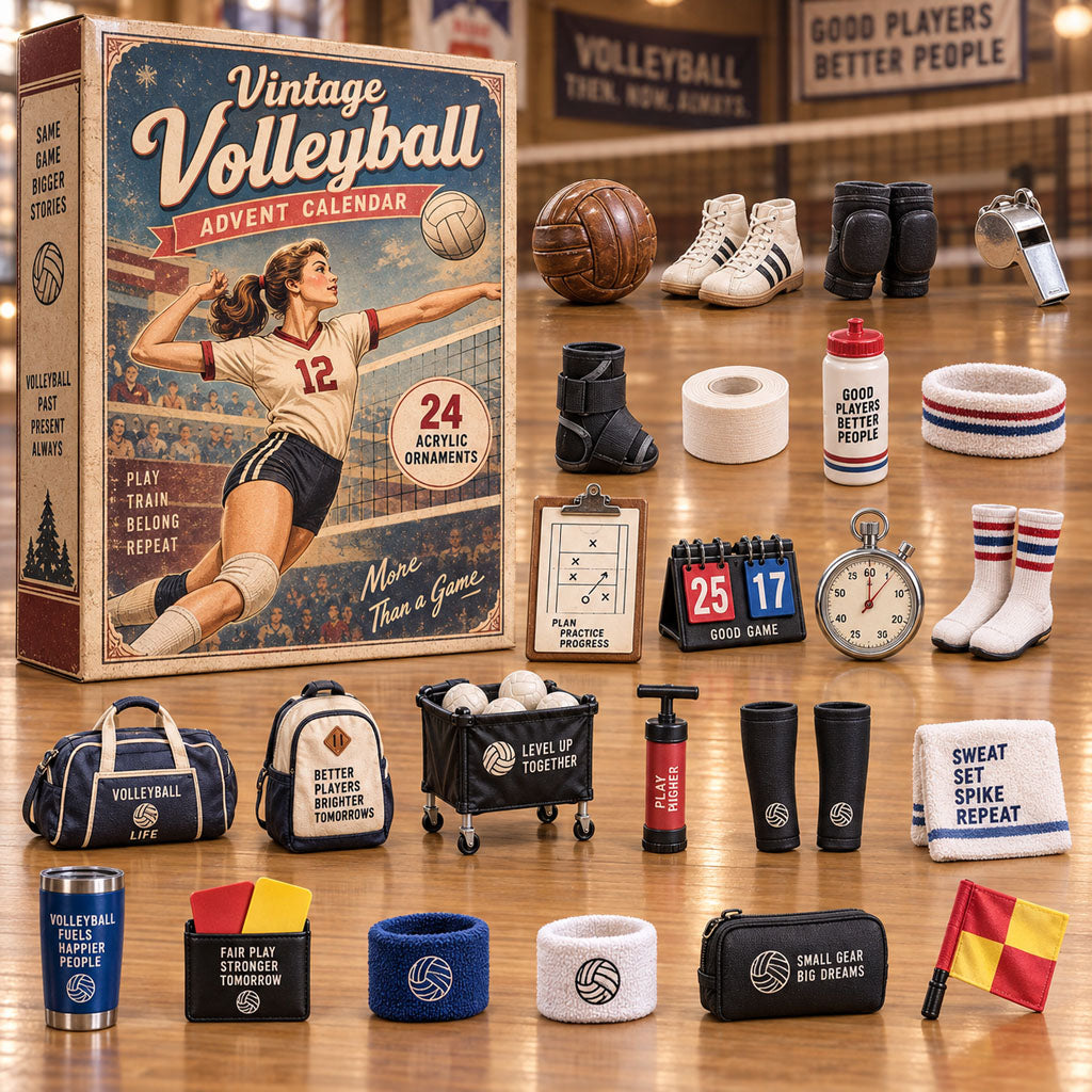 Vintage Volleyball advent calendar box with 24 acrylic Christmas charms