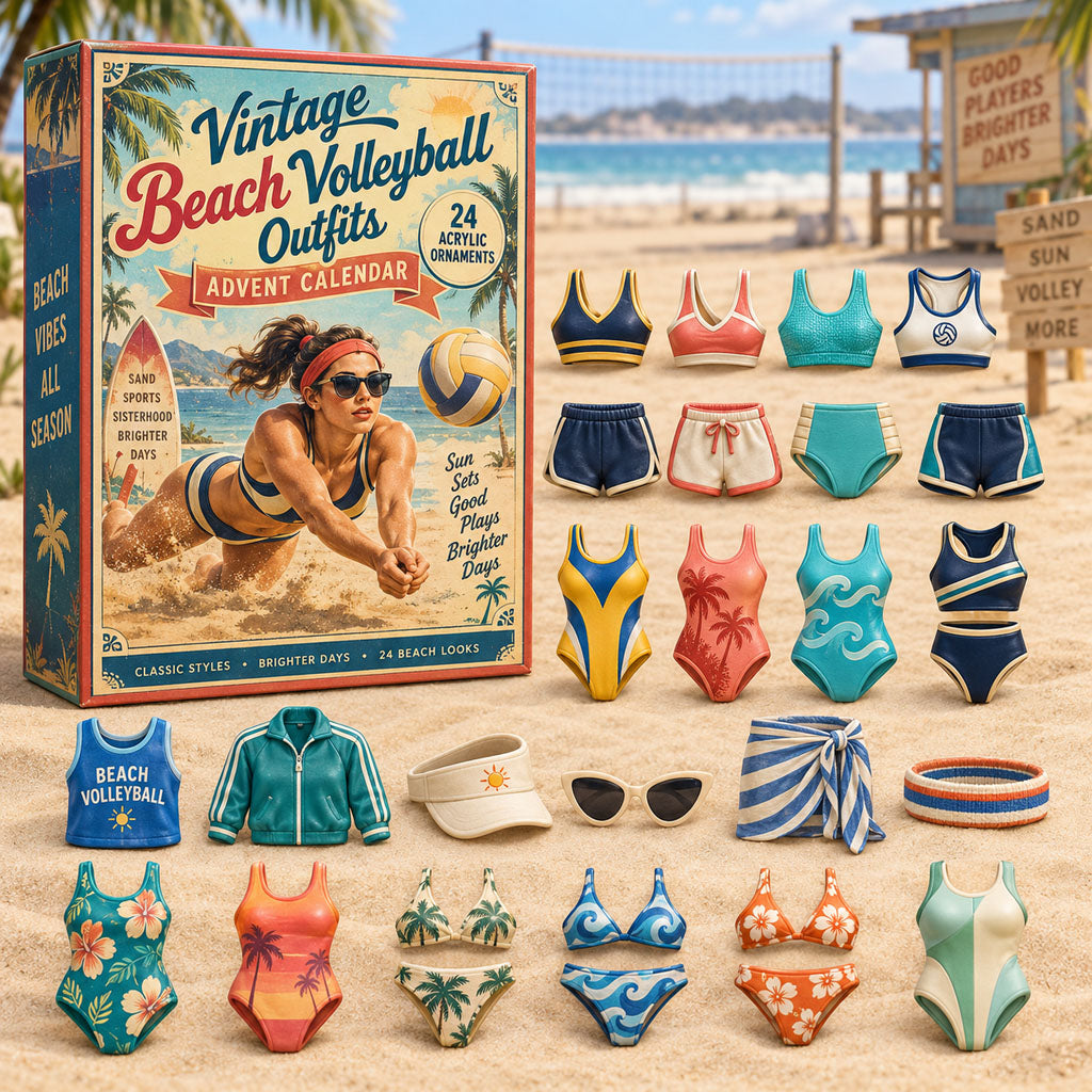 Vintage Volleyball Outfits advent calendar box with 24 acrylic Christmas charms