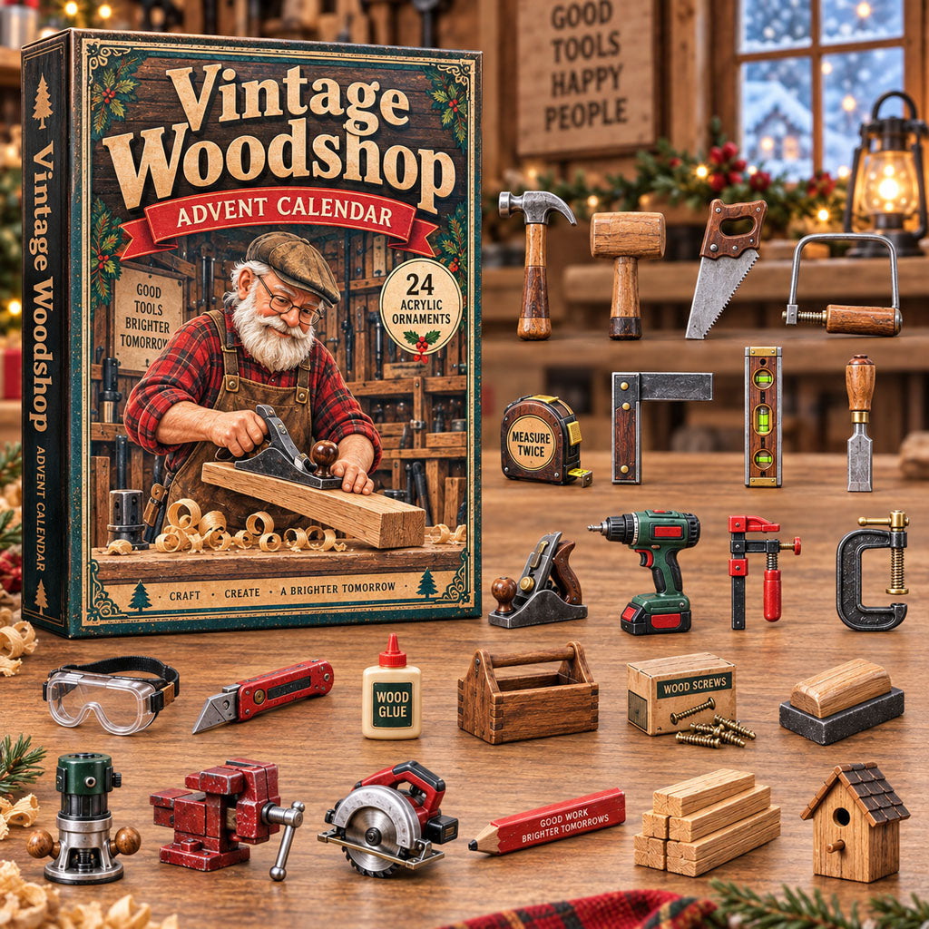 Vintage Woodshop advent calendar box with 24 acrylic Christmas charms