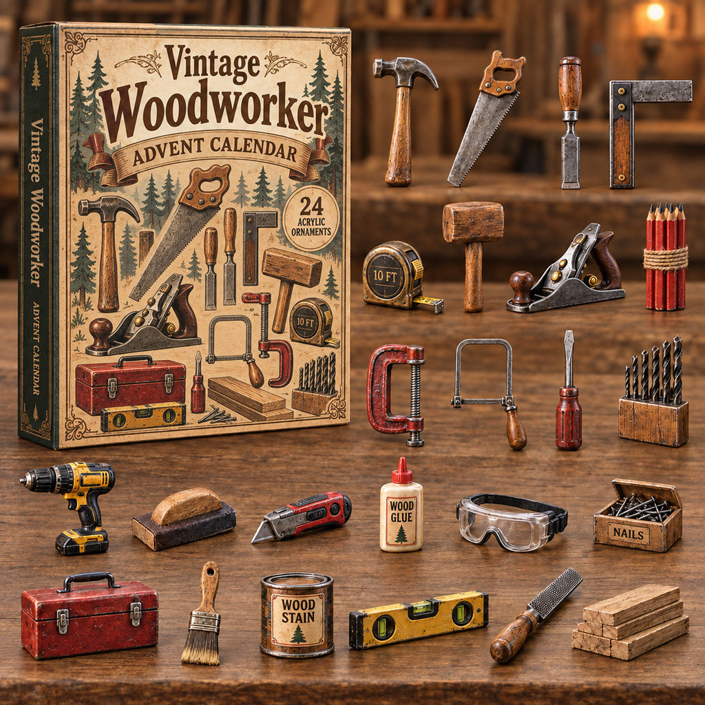 Vintage Woodworker advent calendar box with 24 acrylic Christmas charms