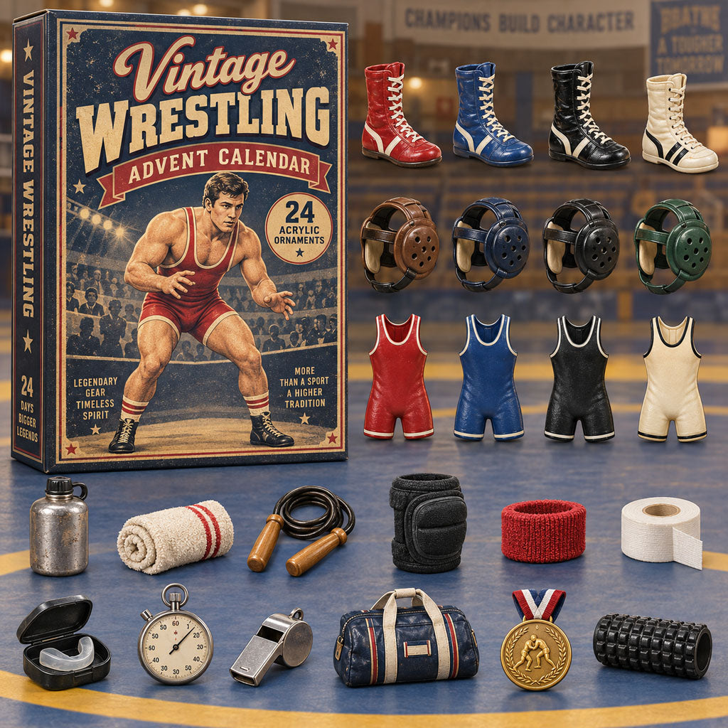 Vintage Wrestling advent calendar box with 24 acrylic Christmas charms