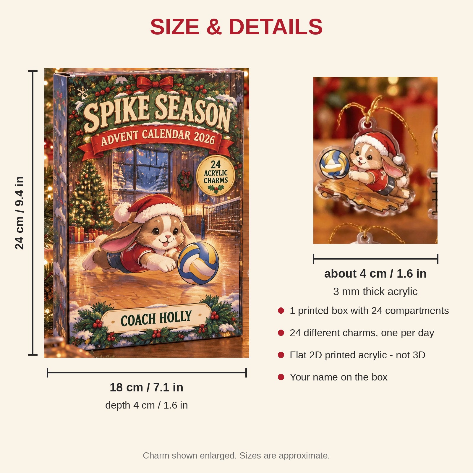 Personalized Volleyball Bunny advent calendar box with 24 flat acrylic Christmas charms: box and charm sizes