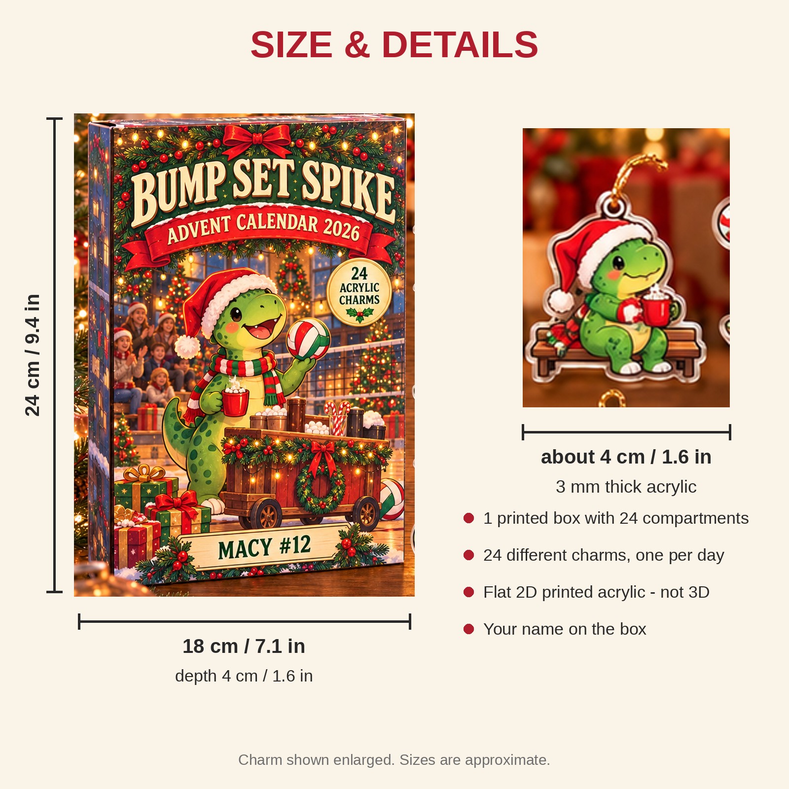 Personalized Volleyball Dinosaur advent calendar box with 24 flat acrylic Christmas charms: box and charm sizes