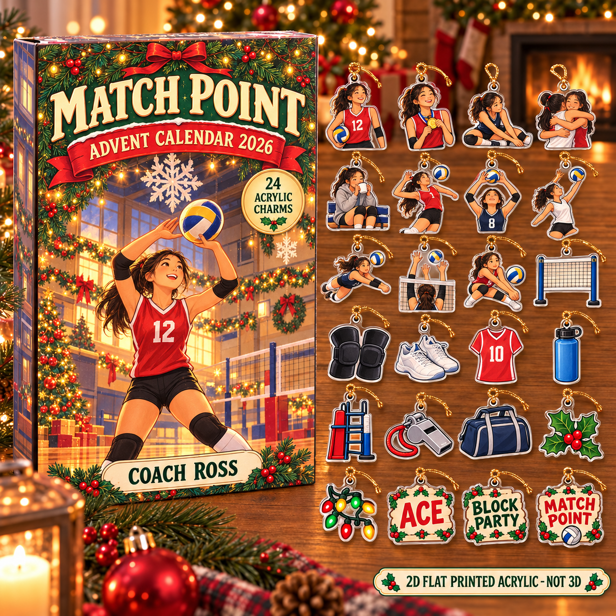 Personalized Volleyball Essentials advent calendar box with 24 flat acrylic Christmas charms