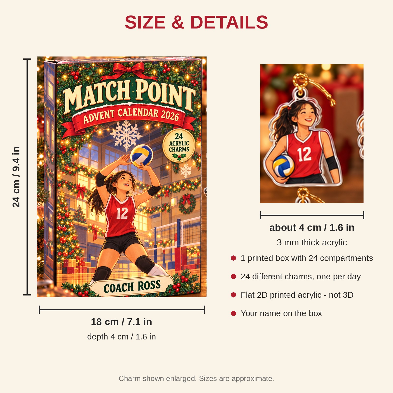Personalized Volleyball Essentials advent calendar box with 24 flat acrylic Christmas charms: box and charm sizes