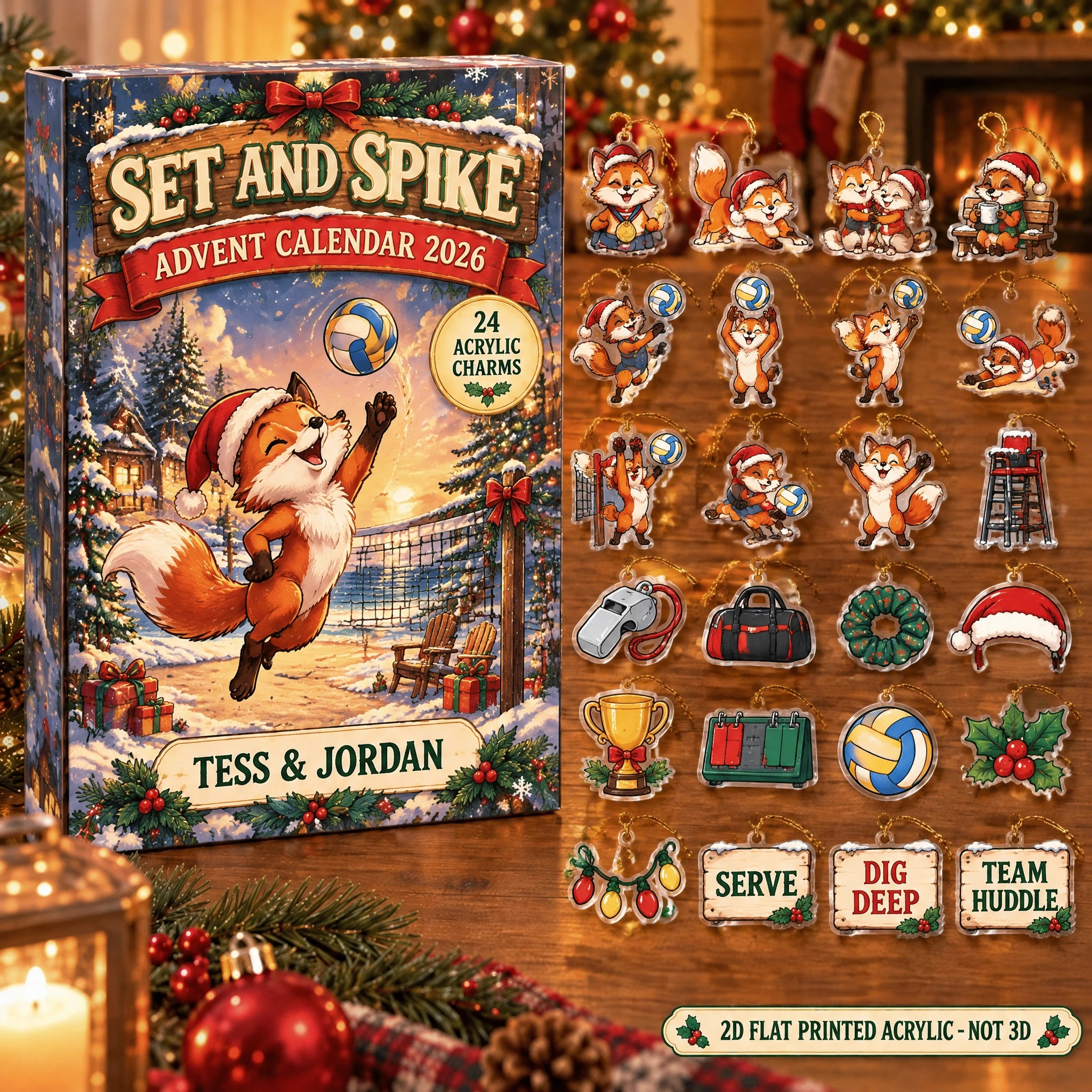 Personalized Volleyball Fox advent calendar box with 24 flat acrylic Christmas charms