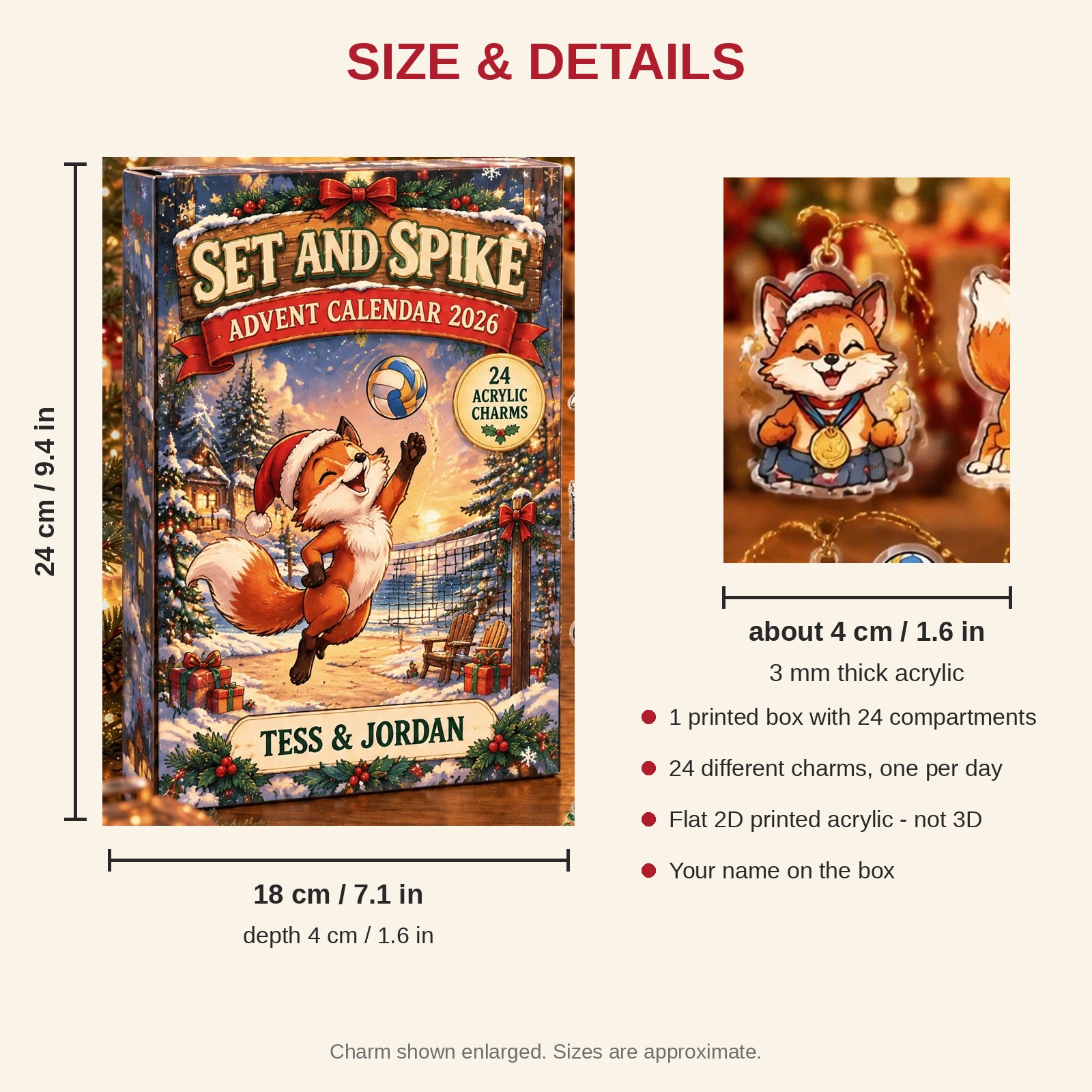 Personalized Volleyball Fox advent calendar box with 24 flat acrylic Christmas charms: box and charm sizes