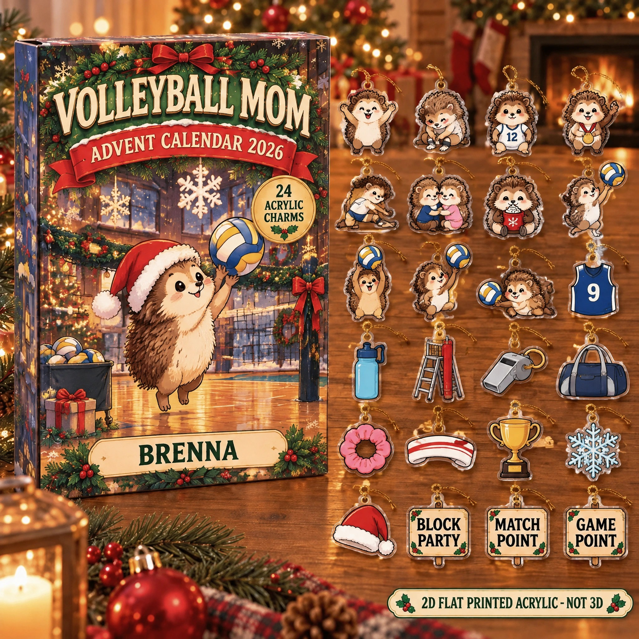 Personalized Volleyball Hedgehog advent calendar box with 24 flat acrylic Christmas charms