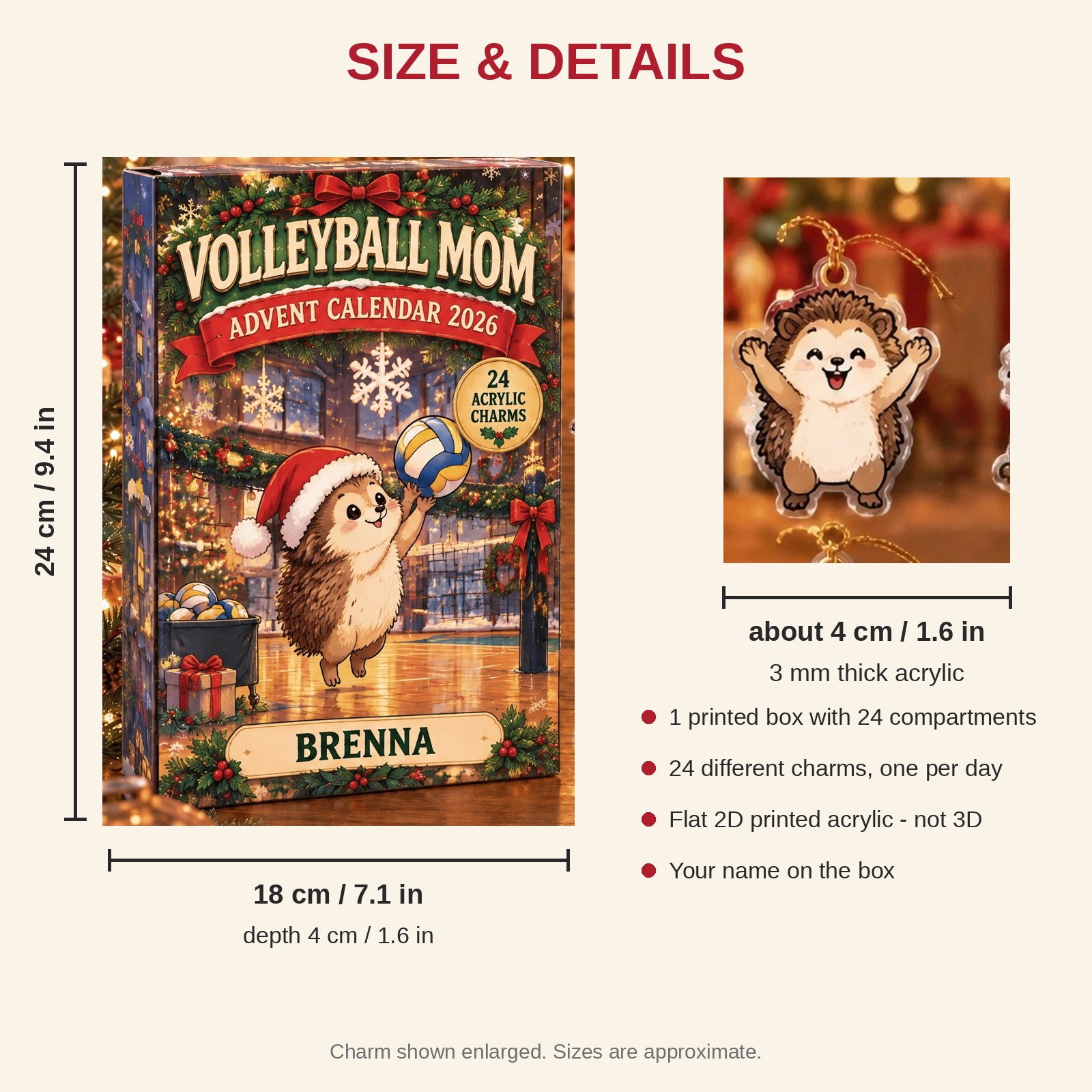 Personalized Volleyball Hedgehog advent calendar box with 24 flat acrylic Christmas charms: box and charm sizes