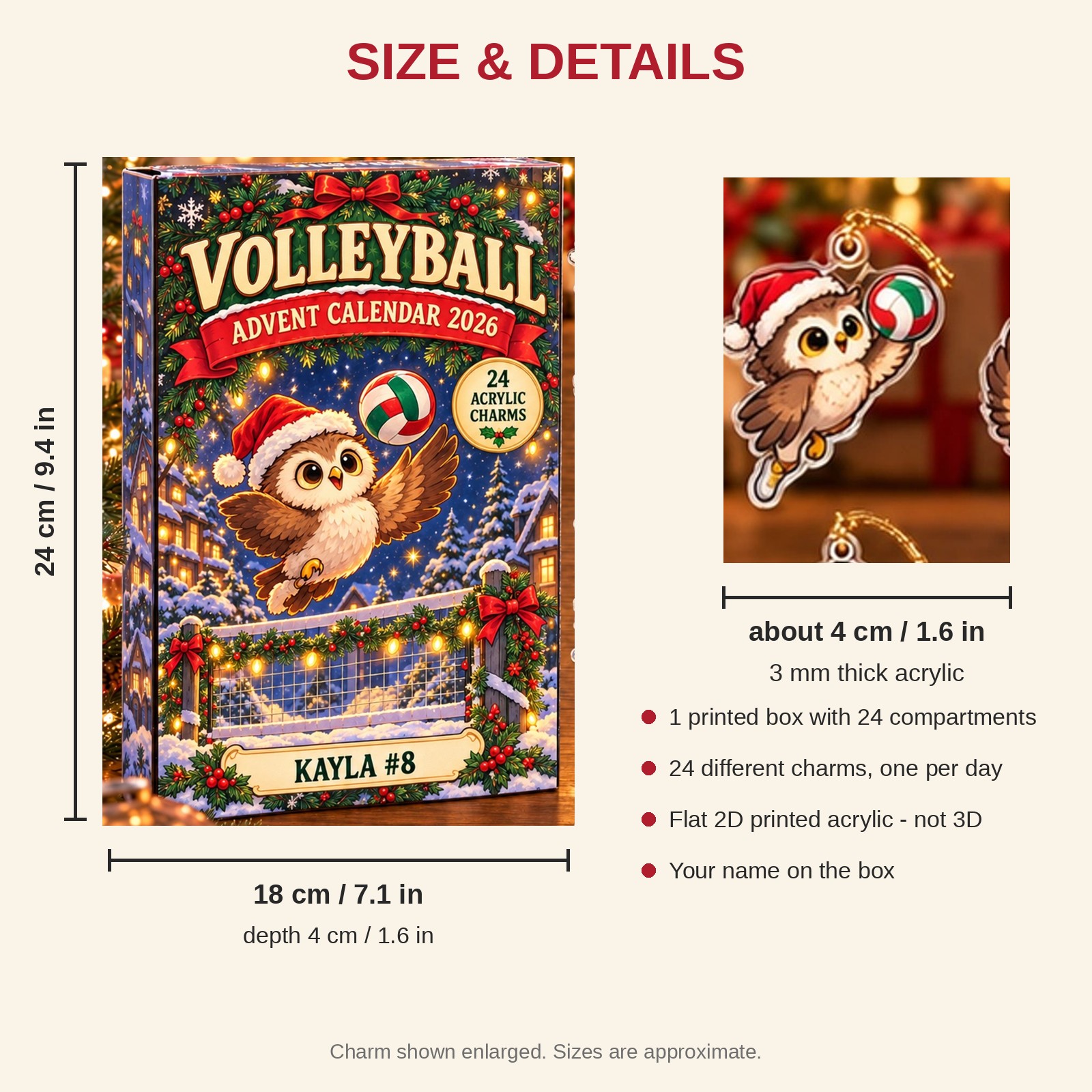 Personalized Volleyball Owl advent calendar box with 24 flat acrylic Christmas charms: box and charm sizes