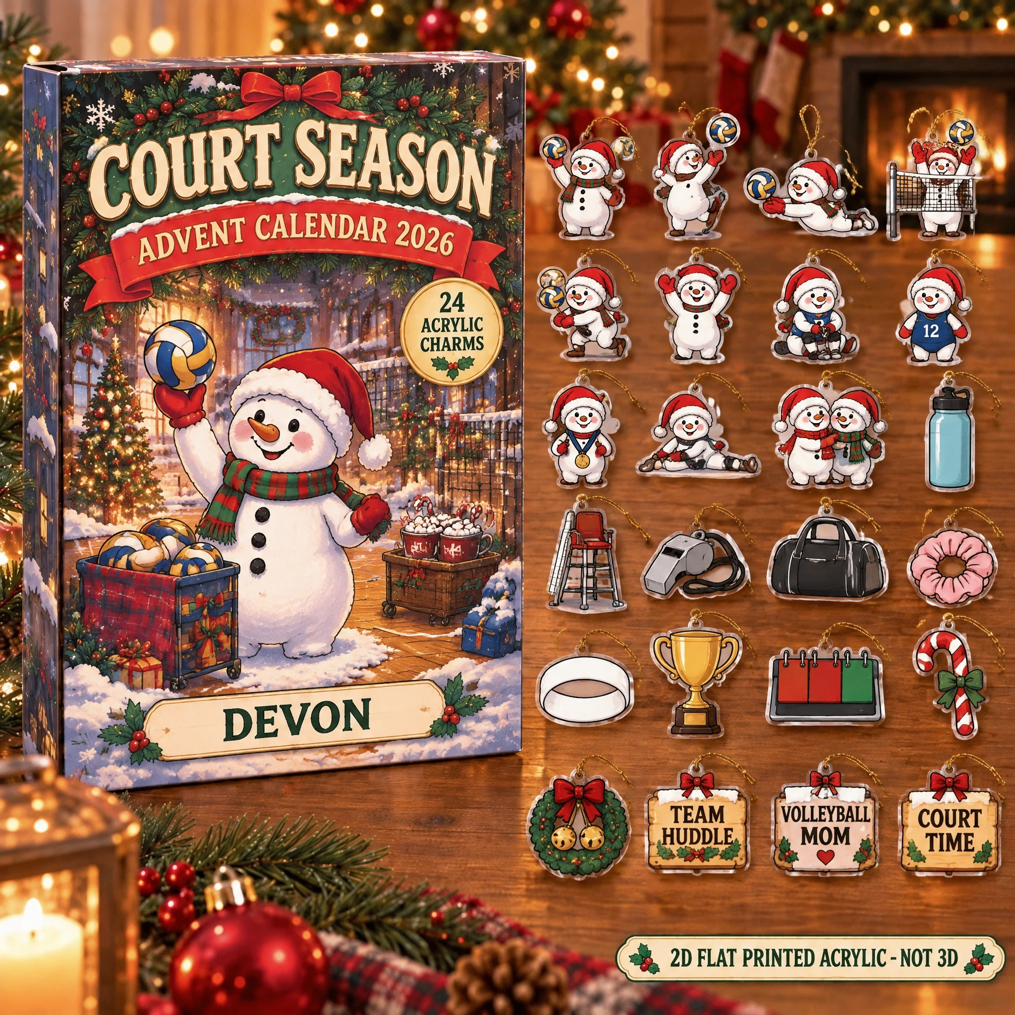Personalized Volleyball Snowman advent calendar box with 24 flat acrylic Christmas charms