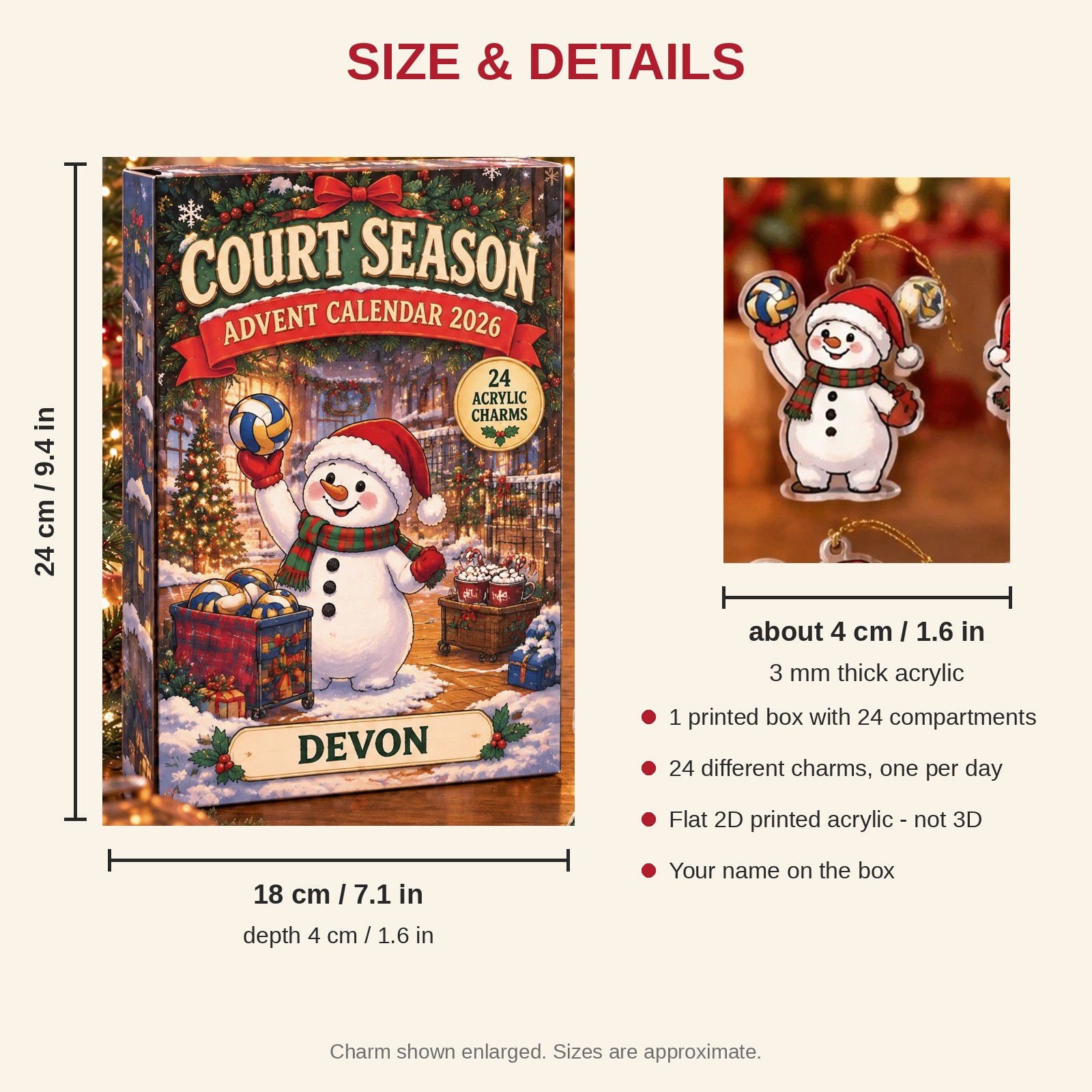 Personalized Volleyball Snowman advent calendar box with 24 flat acrylic Christmas charms: box and charm sizes