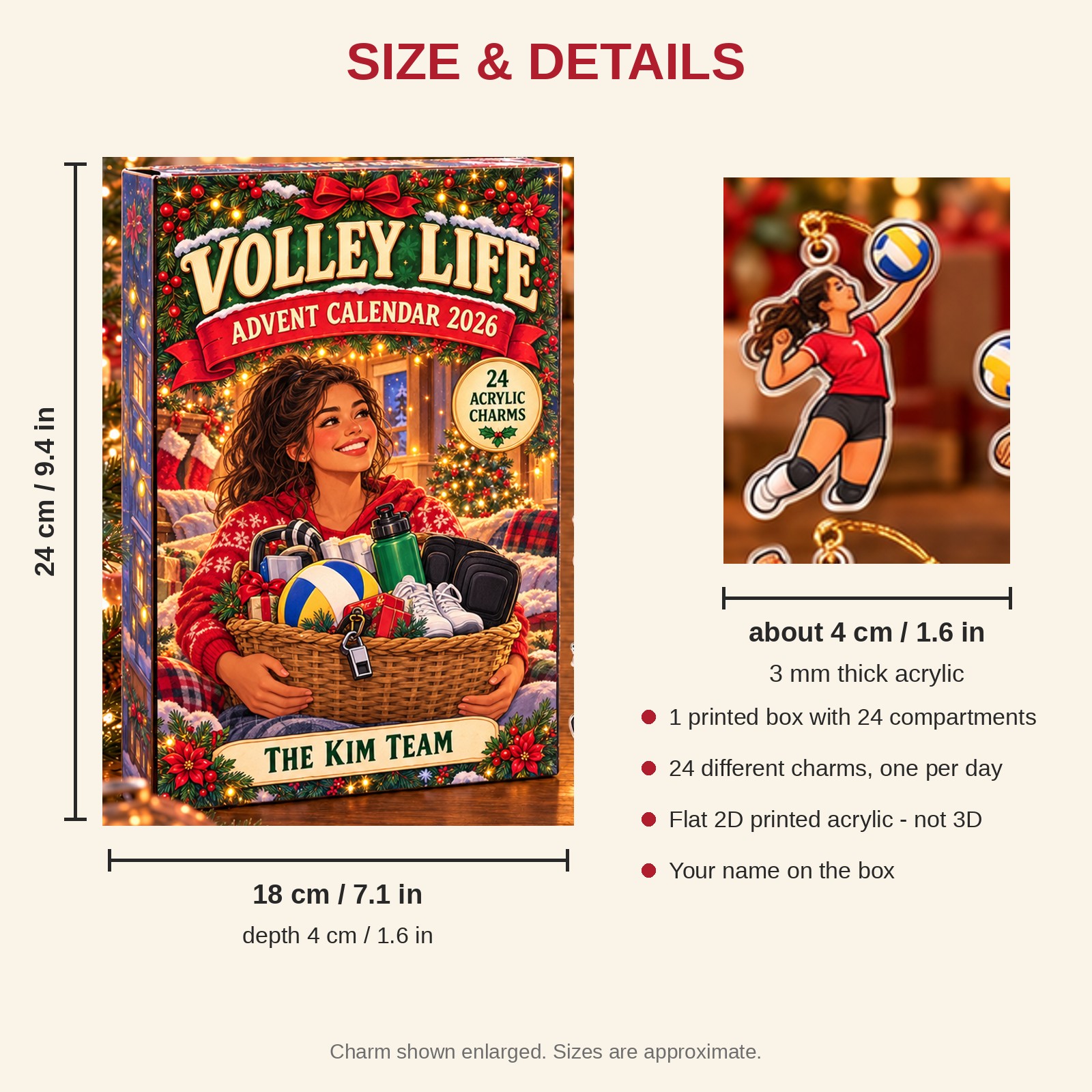 Personalized Volleyball Survival Kit advent calendar box with 24 flat acrylic Christmas charms: box and charm sizes