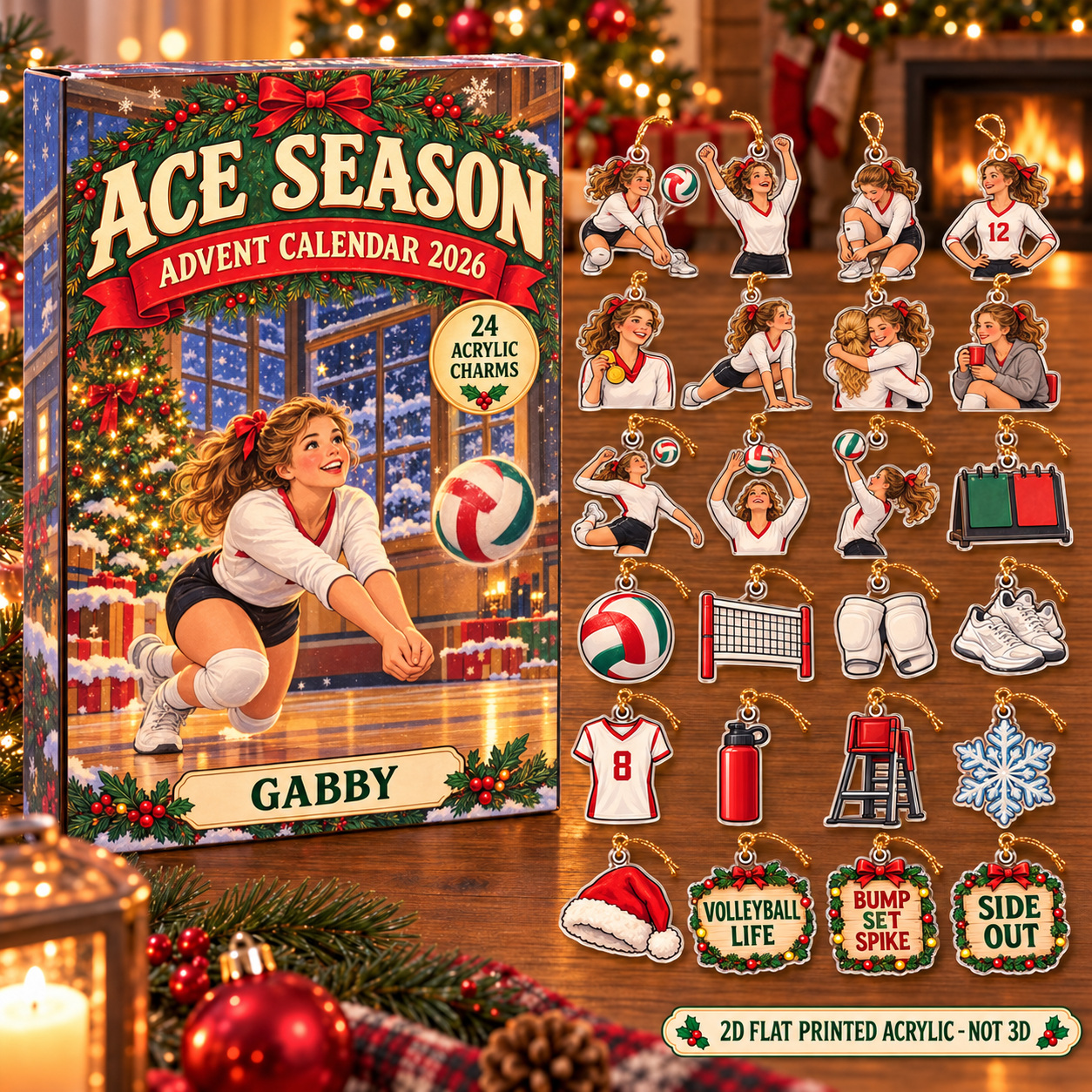 Personalized Volleyball Vintage Retro advent calendar box with 24 flat acrylic Christmas charms