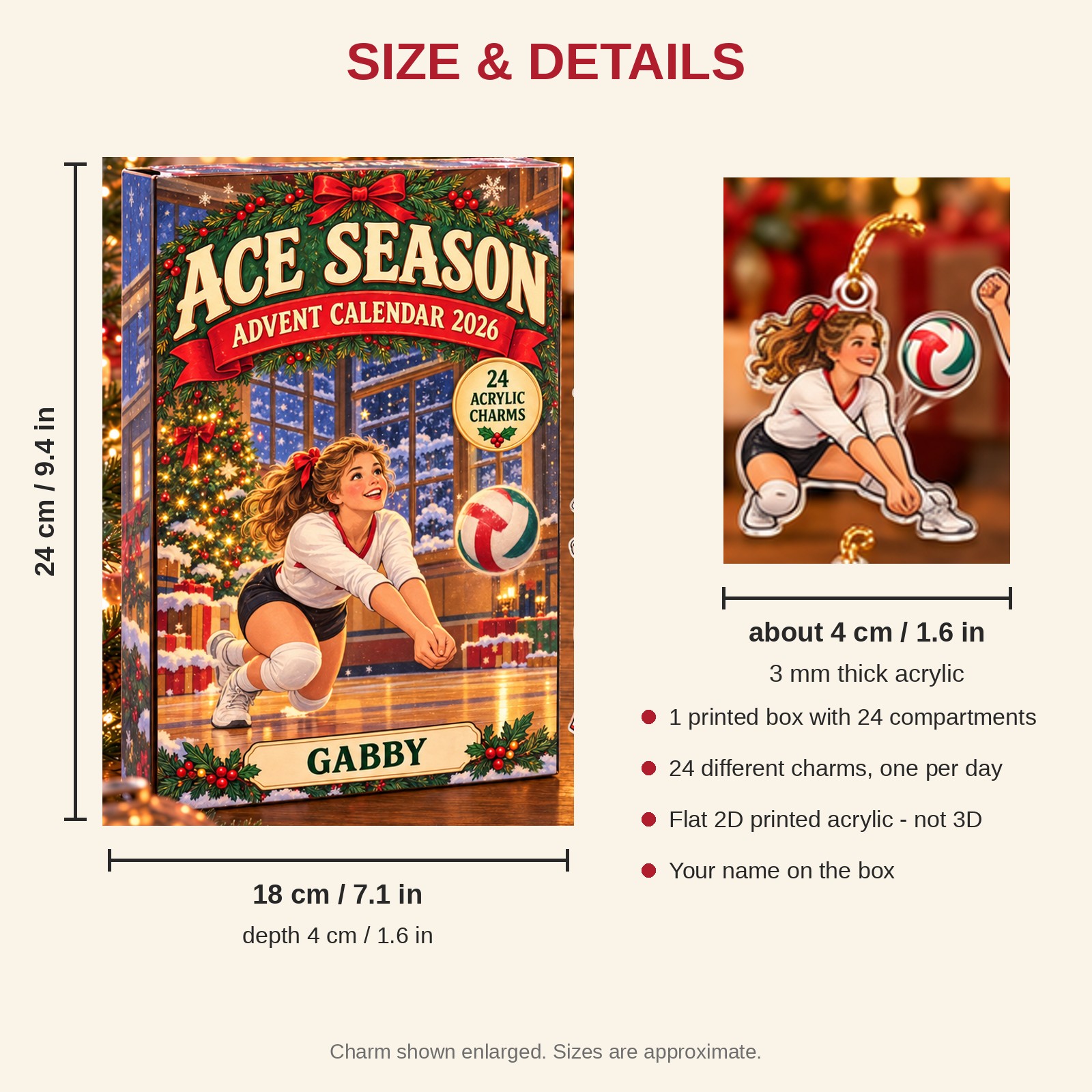 Personalized Volleyball Vintage Retro advent calendar box with 24 flat acrylic Christmas charms: box and charm sizes