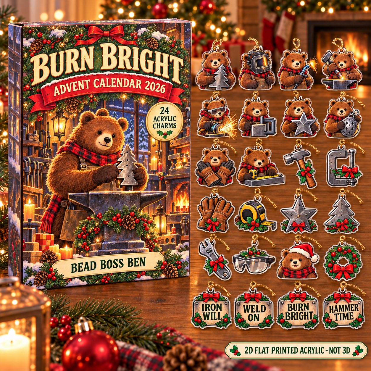 Personalized Welder Bear advent calendar box with 24 flat acrylic Christmas charms