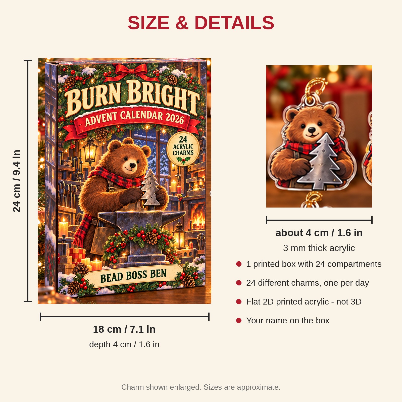 Personalized Welder Bear advent calendar box with 24 flat acrylic Christmas charms: box and charm sizes