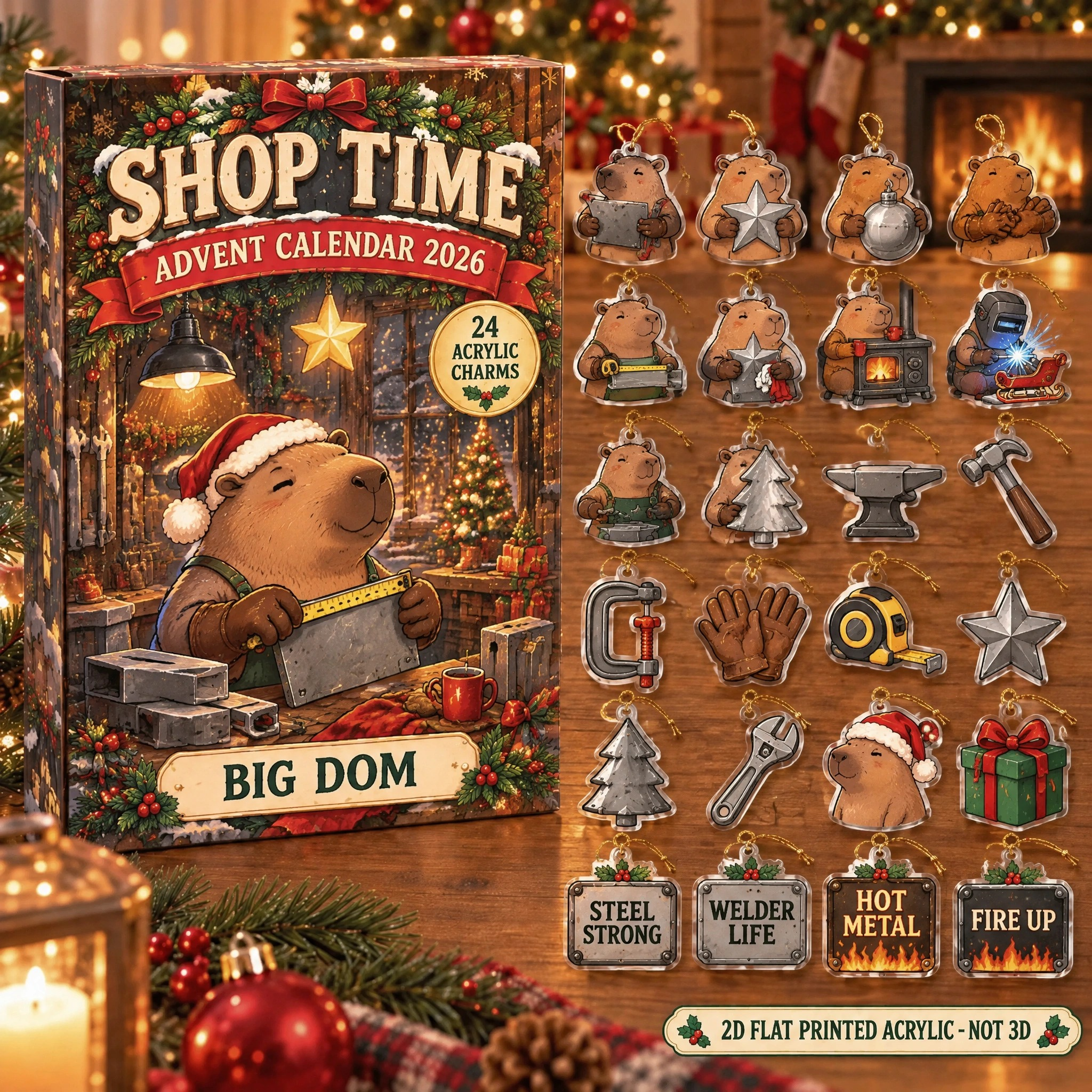 Personalized Welder Capybara advent calendar box with 24 flat acrylic Christmas charms