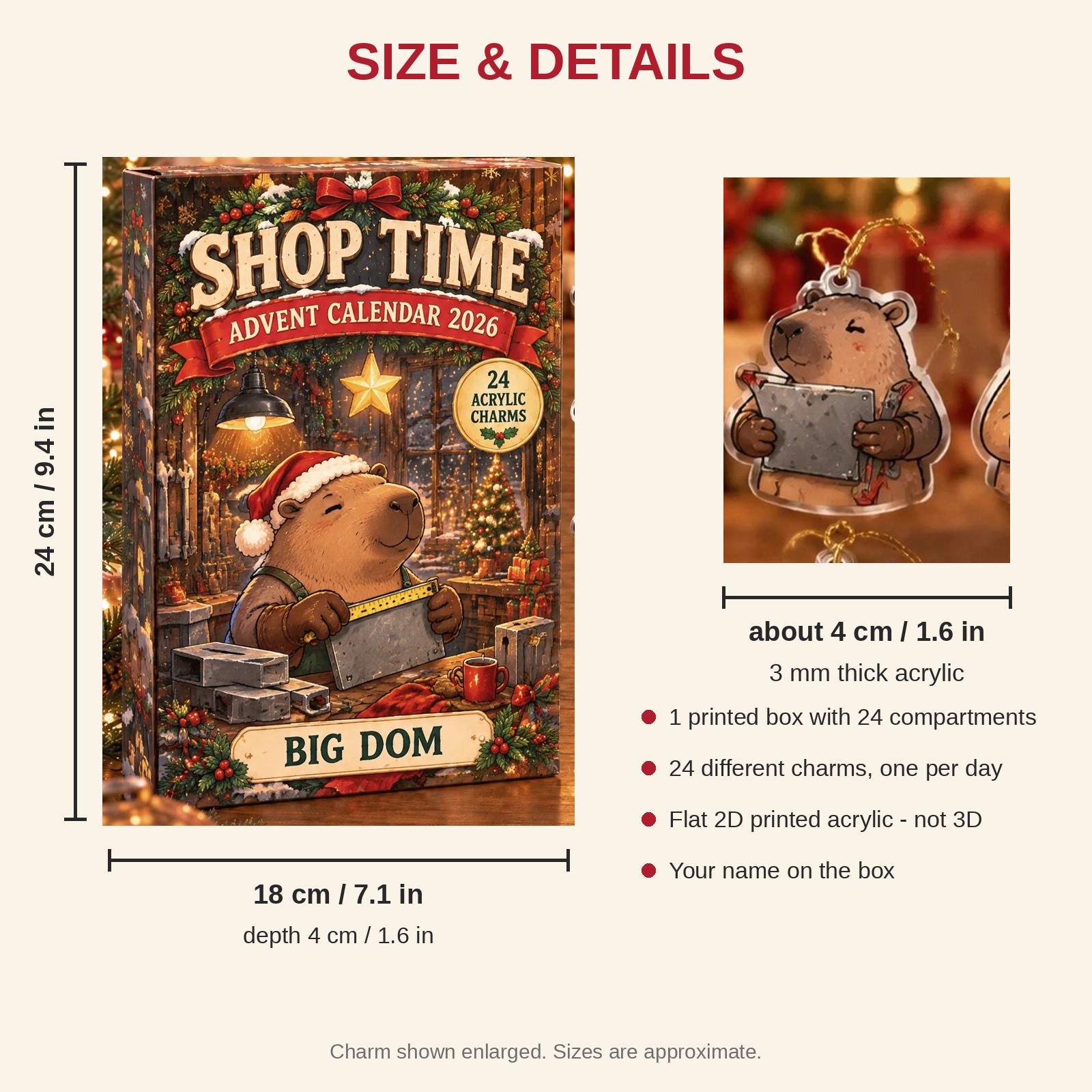 Personalized Welder Capybara advent calendar box with 24 flat acrylic Christmas charms: box and charm sizes