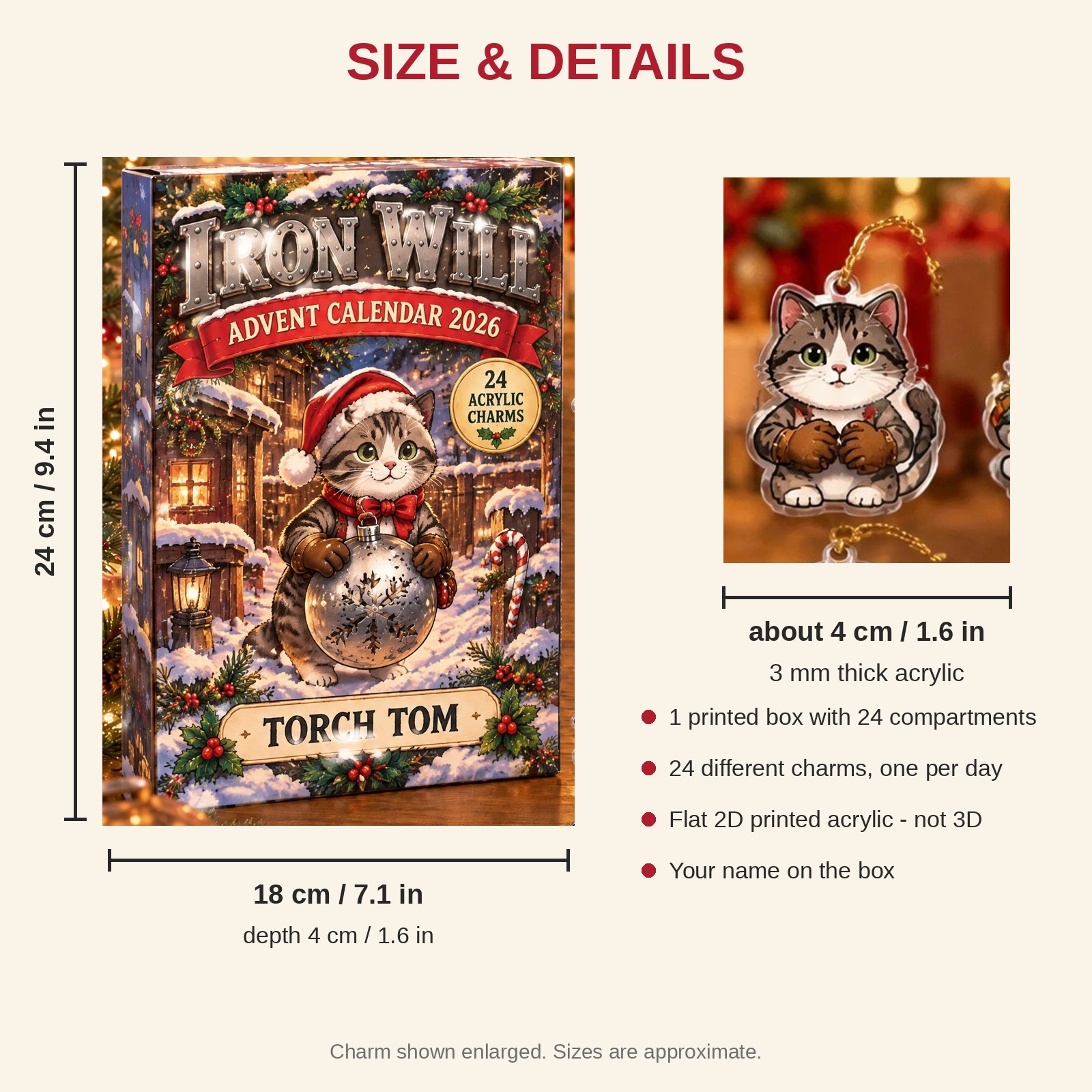 Personalized Welder Cat advent calendar box with 24 flat acrylic Christmas charms: box and charm sizes