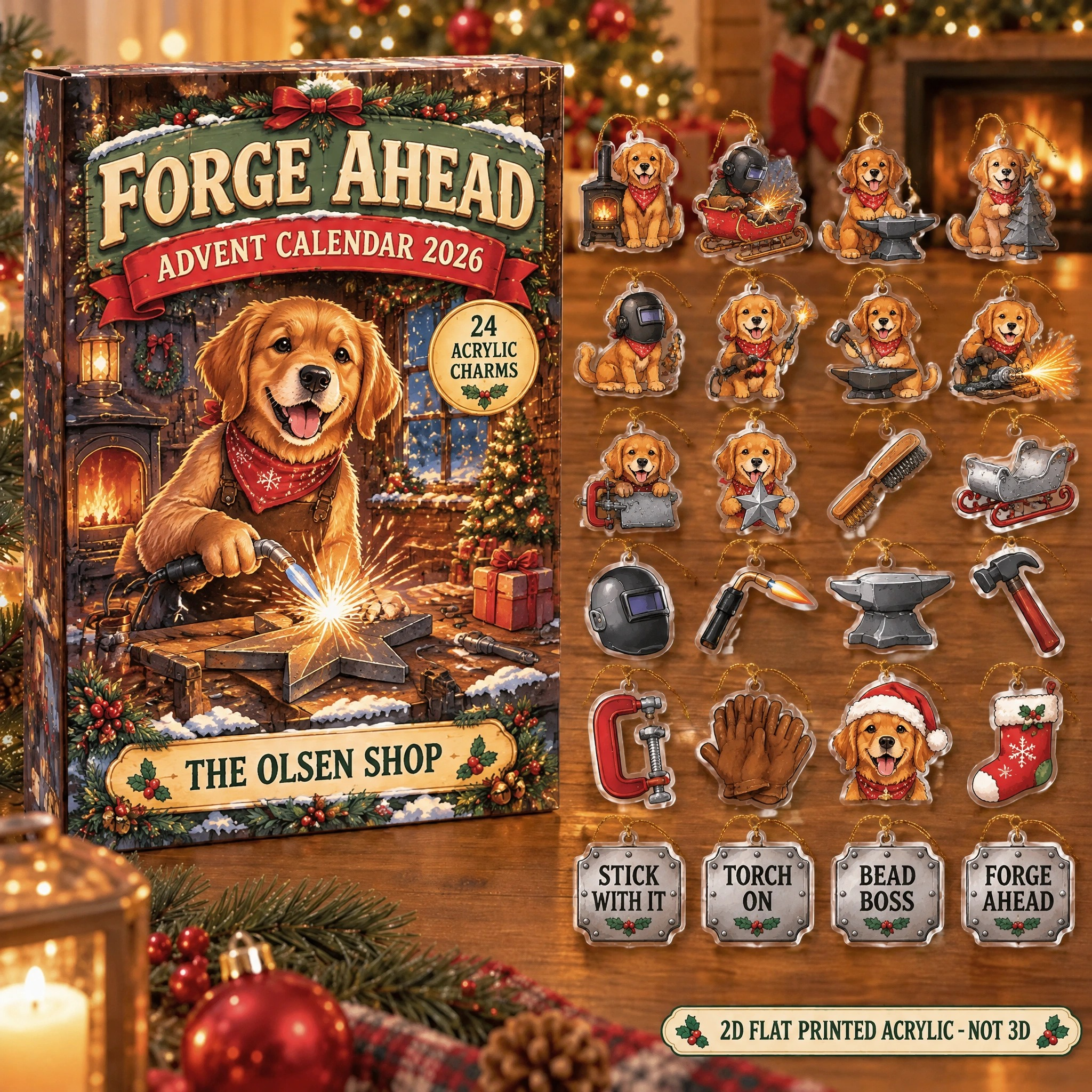Personalized Welder Dog advent calendar box with 24 flat acrylic Christmas charms