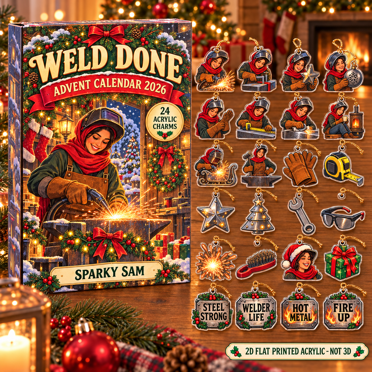 Personalized Welder Essentials advent calendar box with 24 flat acrylic Christmas charms