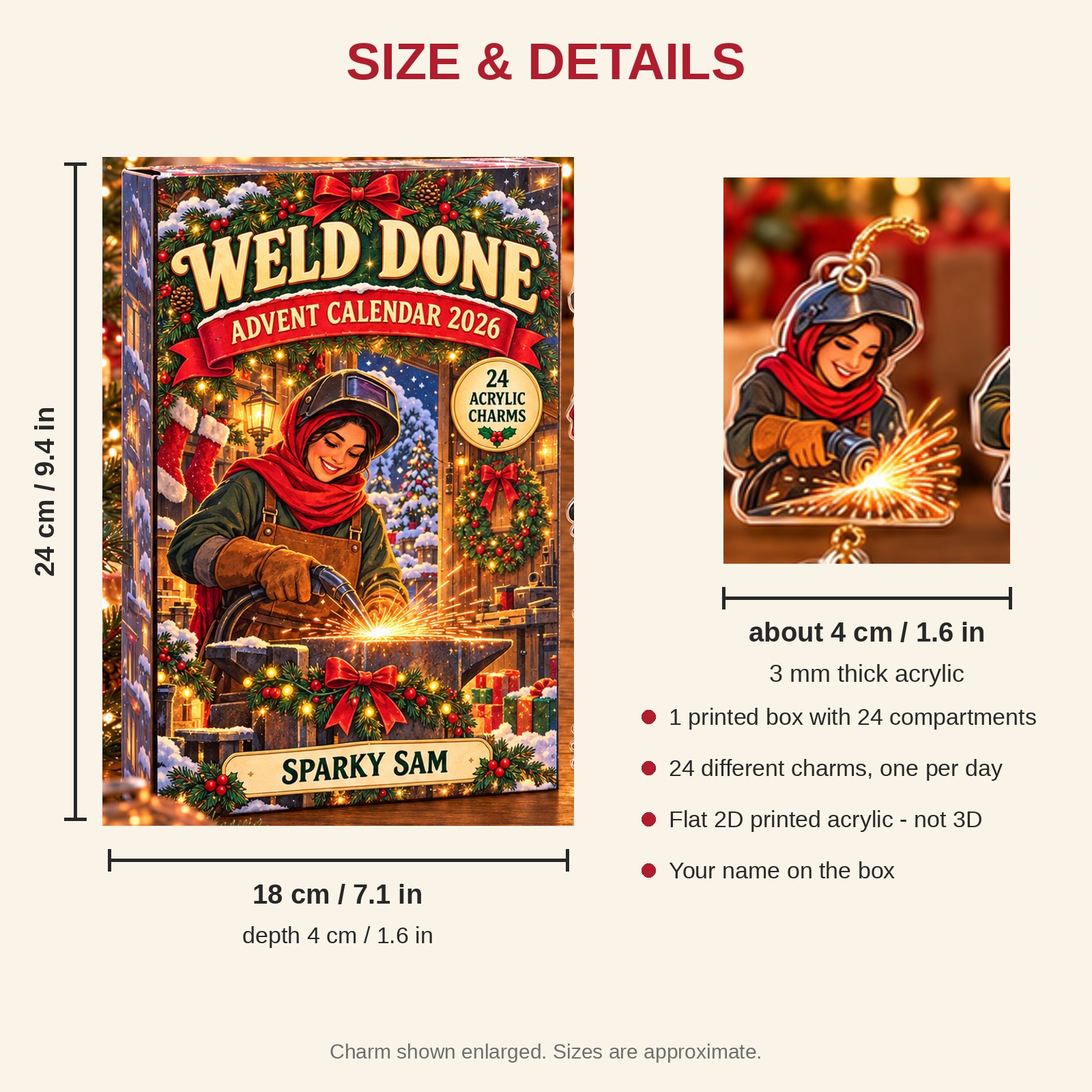 Personalized Welder Essentials advent calendar box with 24 flat acrylic Christmas charms: box and charm sizes