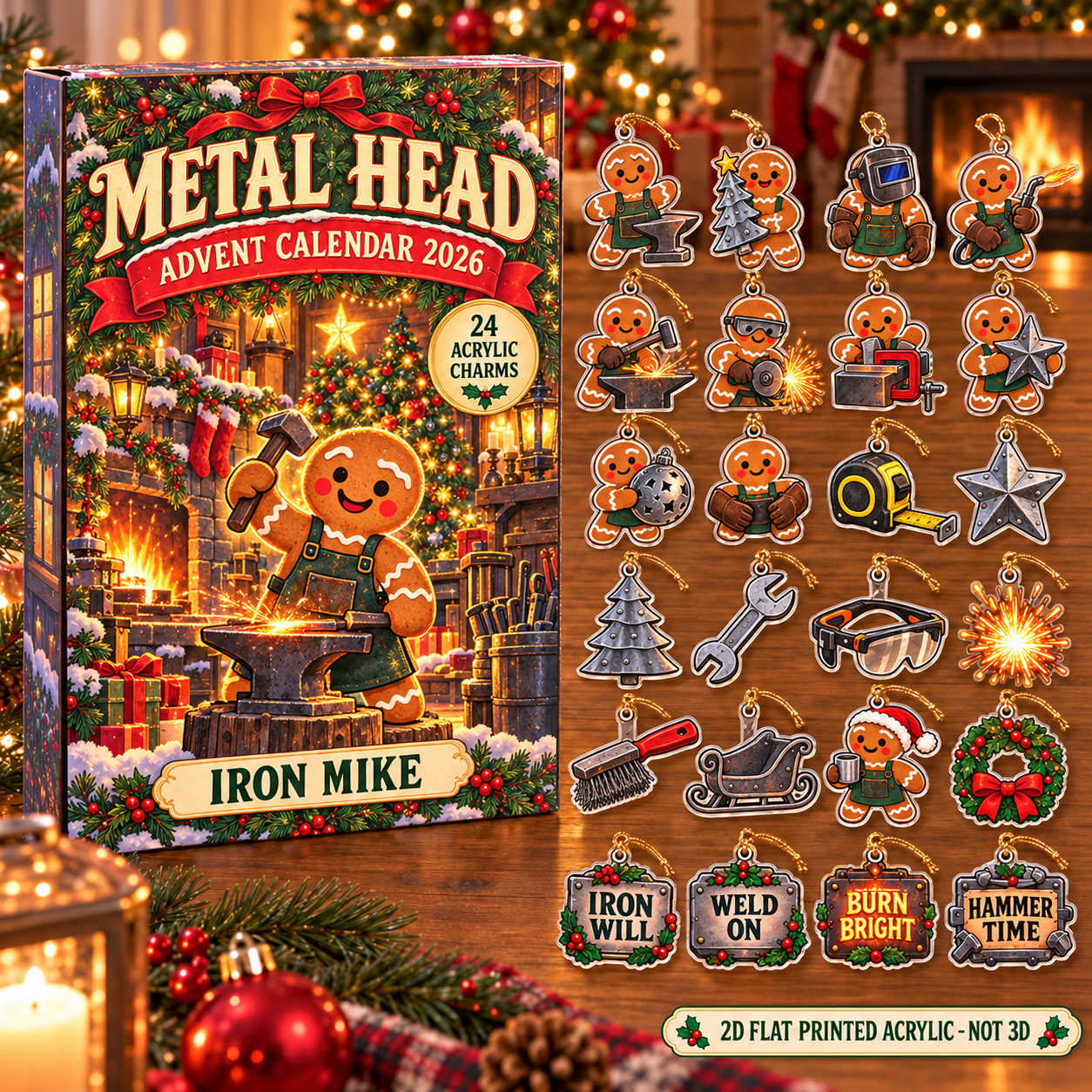 Personalized Welder Gingerbread advent calendar box with 24 flat acrylic Christmas charms