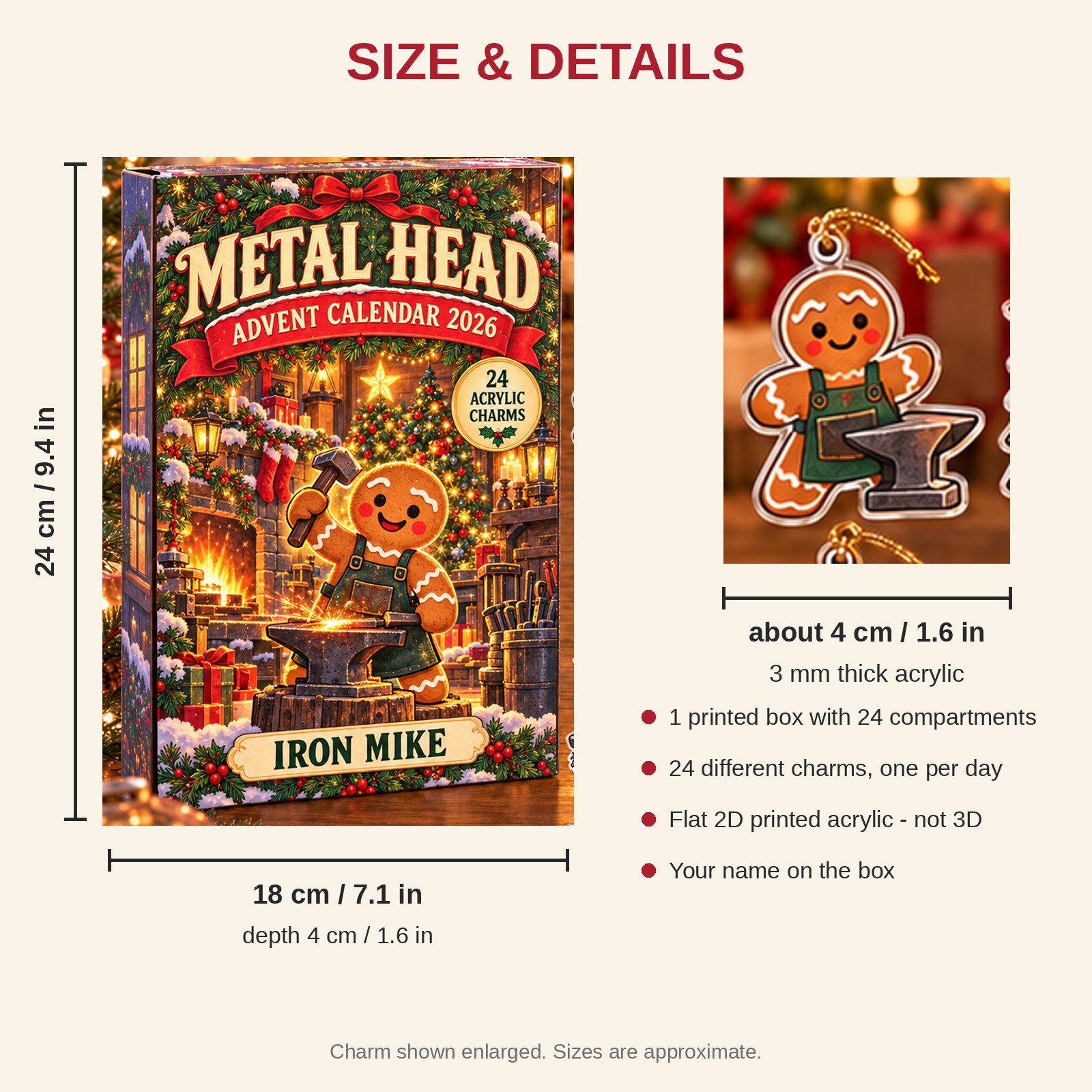 Personalized Welder Gingerbread advent calendar box with 24 flat acrylic Christmas charms: box and charm sizes