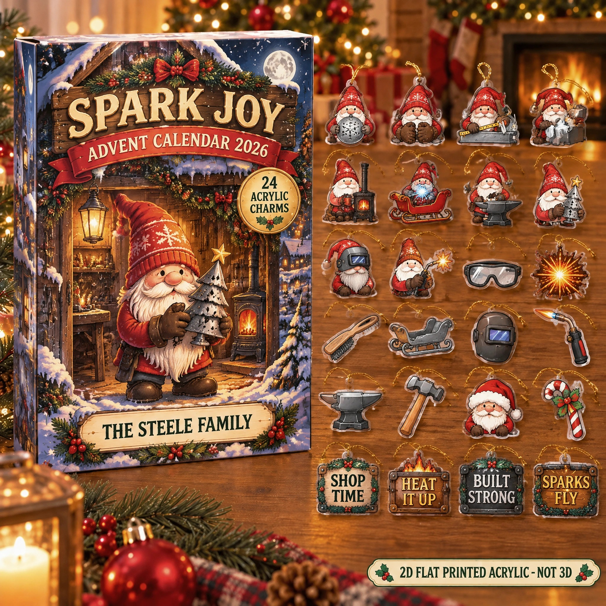 Personalized Welder Gnome advent calendar box with 24 flat acrylic Christmas charms